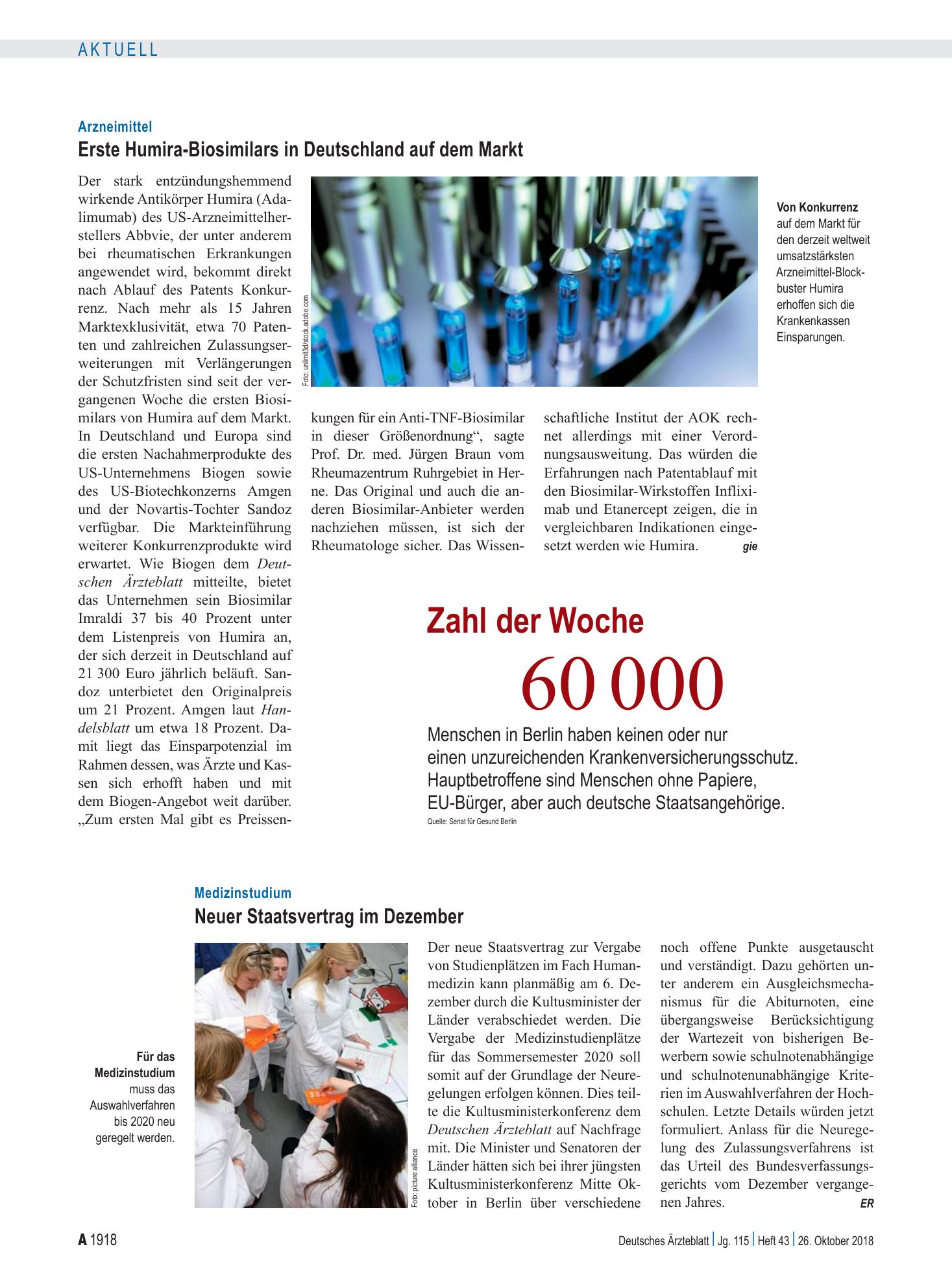 Vorschauseite 1: Zahl der Woche 60 000 – Deutsches Ärzteblatt