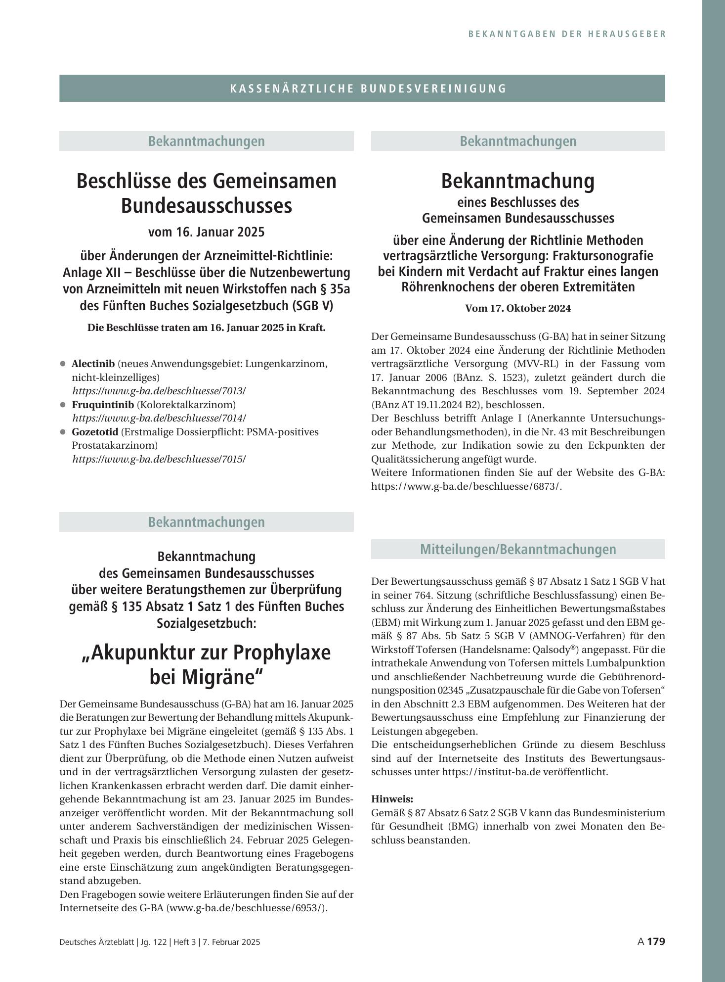Vorschauseite 1: Bekanntmachung eines Beschlusses des Gemeinsamen Bundesausschusses über eine Änderung der Richtlinie Methoden vertragsärztliche Versorgung: Fraktursonografie bei Kindern mit Verda…