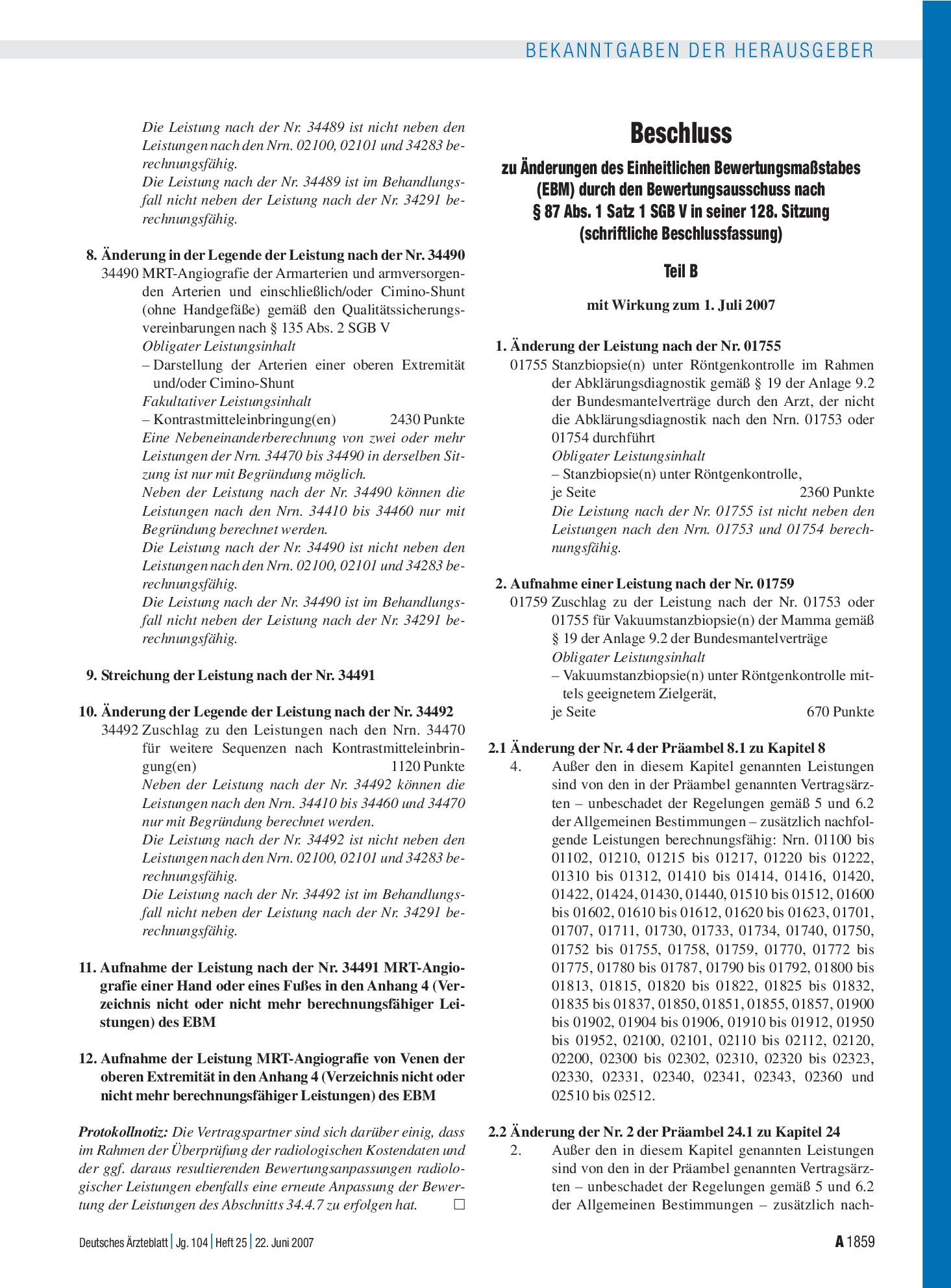 Vorschauseite 1: Beschluss zu Änderungen des Einheitlichen Bewertungsmaßstabes (EBM) durch den Bewertungsausschuss nach § 87 Abs. 1 Satz 1 SGB V in seiner 128. Sitzung (schriftliche Beschlussfassu…