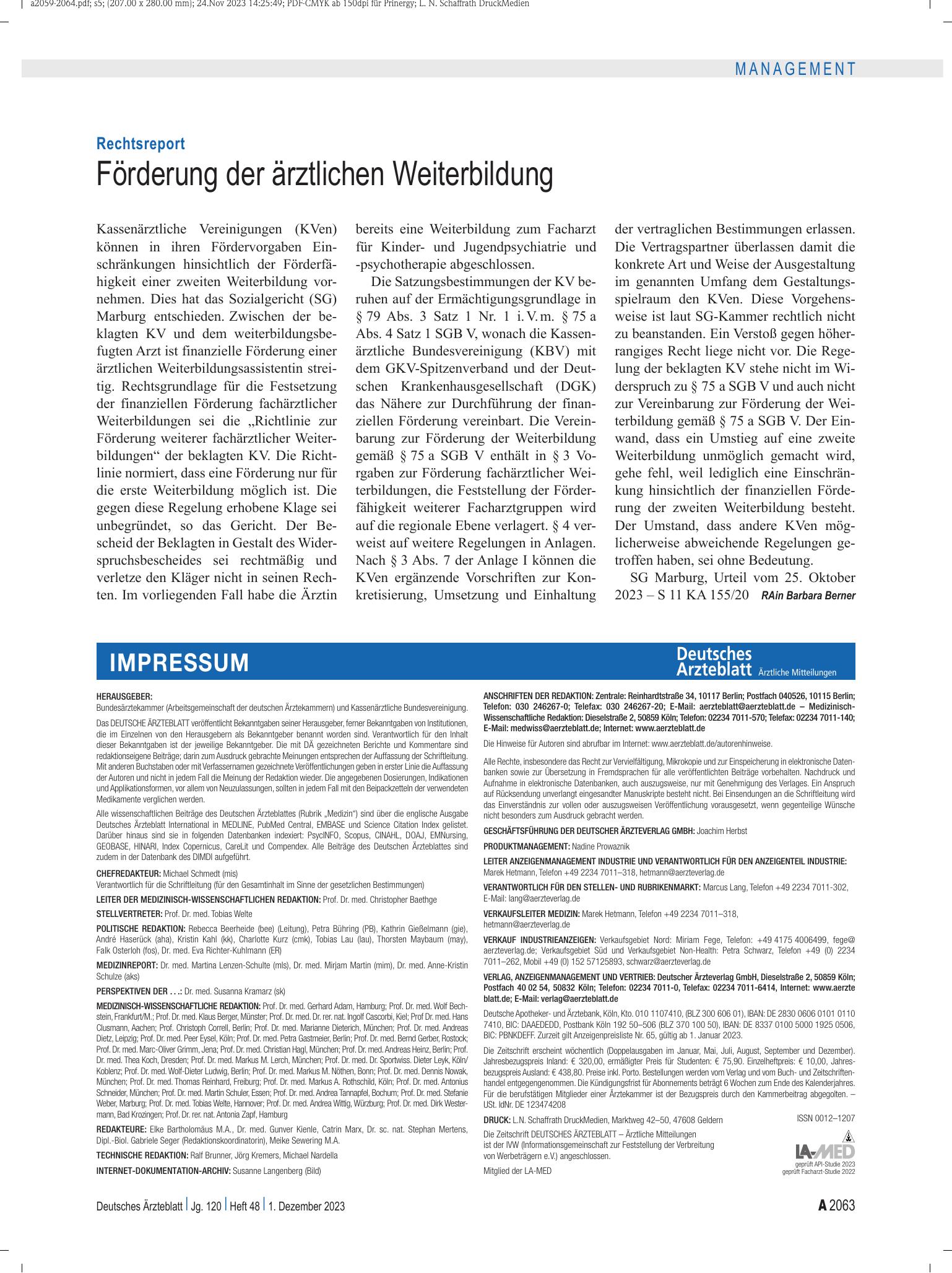 Vorschauseite 1: Rechtsreport: Förderung der ärztlichen Weiterbildung – Deutsches Ärzteblatt