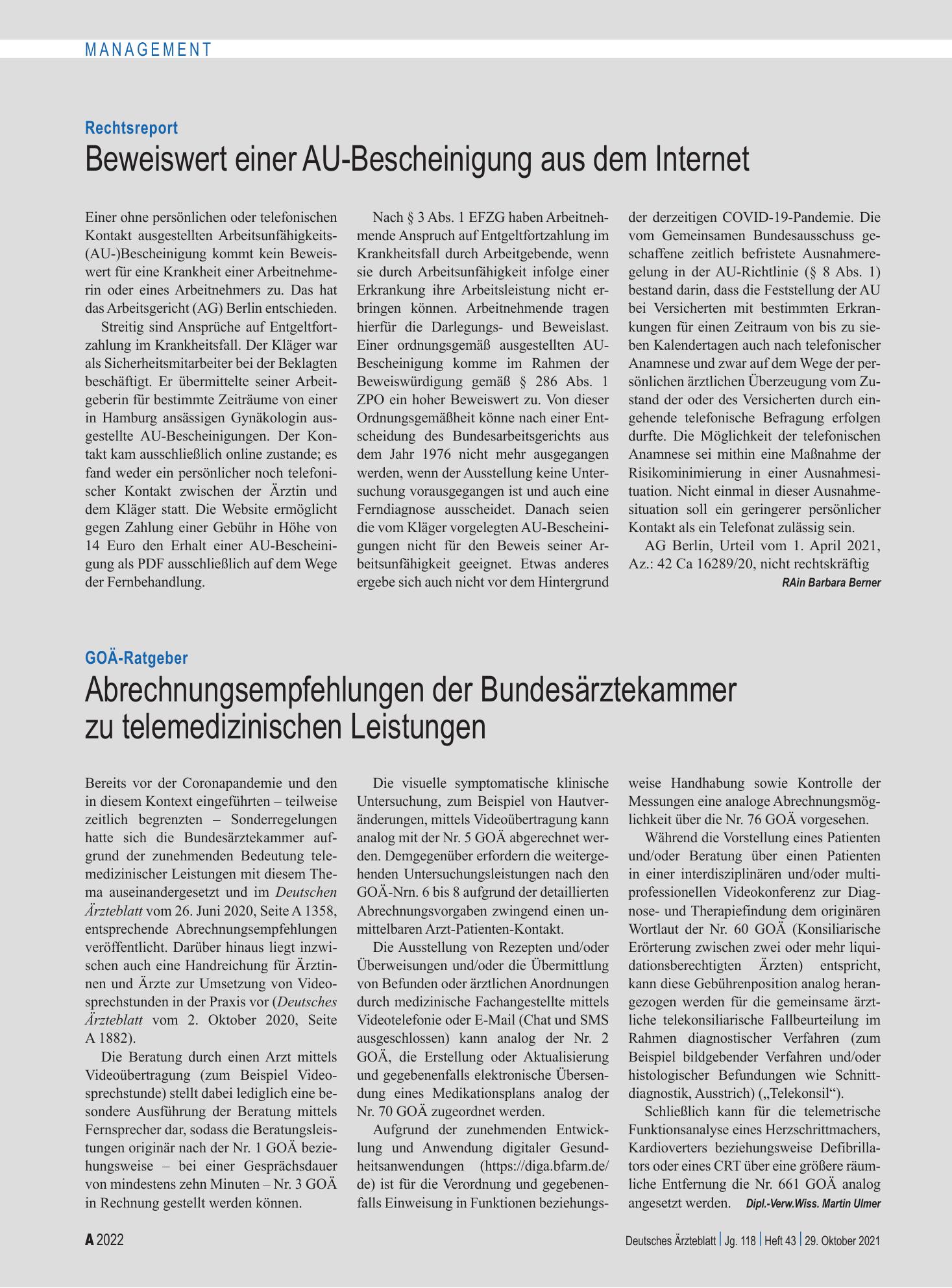 Vorschauseite 1: Rechtsreport: Beweiswert einer AU-Bescheinigung aus dem Internet – Deutsches Ärzteblatt