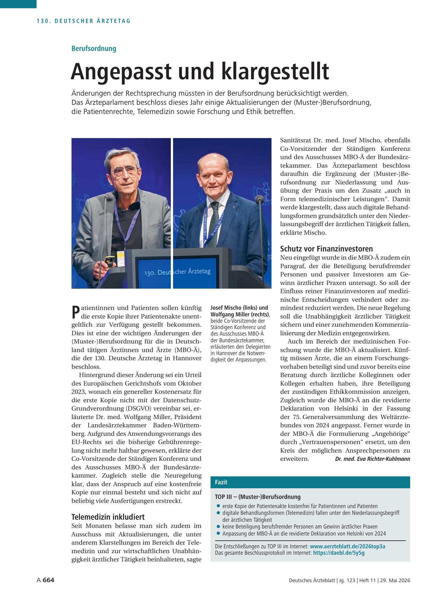 Vorschauseite 1: Berufsordnung: Angepasst und klargestellt – Deutsches Ärzteblatt