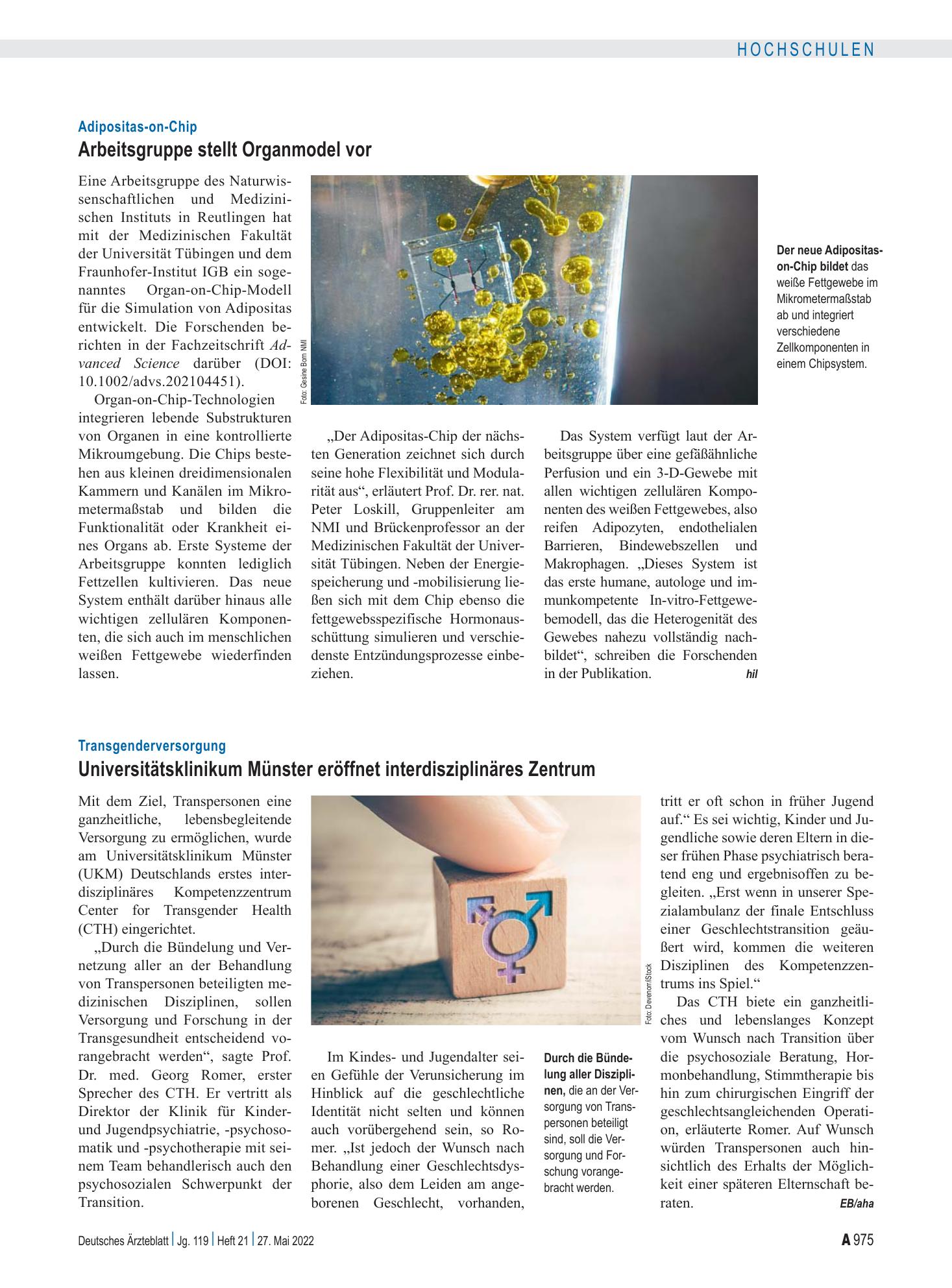 Vorschauseite 1: Transgenderversorgung: Universitätsklinikum Münster eröffnet interdisziplinäres Zentrum – Deutsches Ärzteblatt