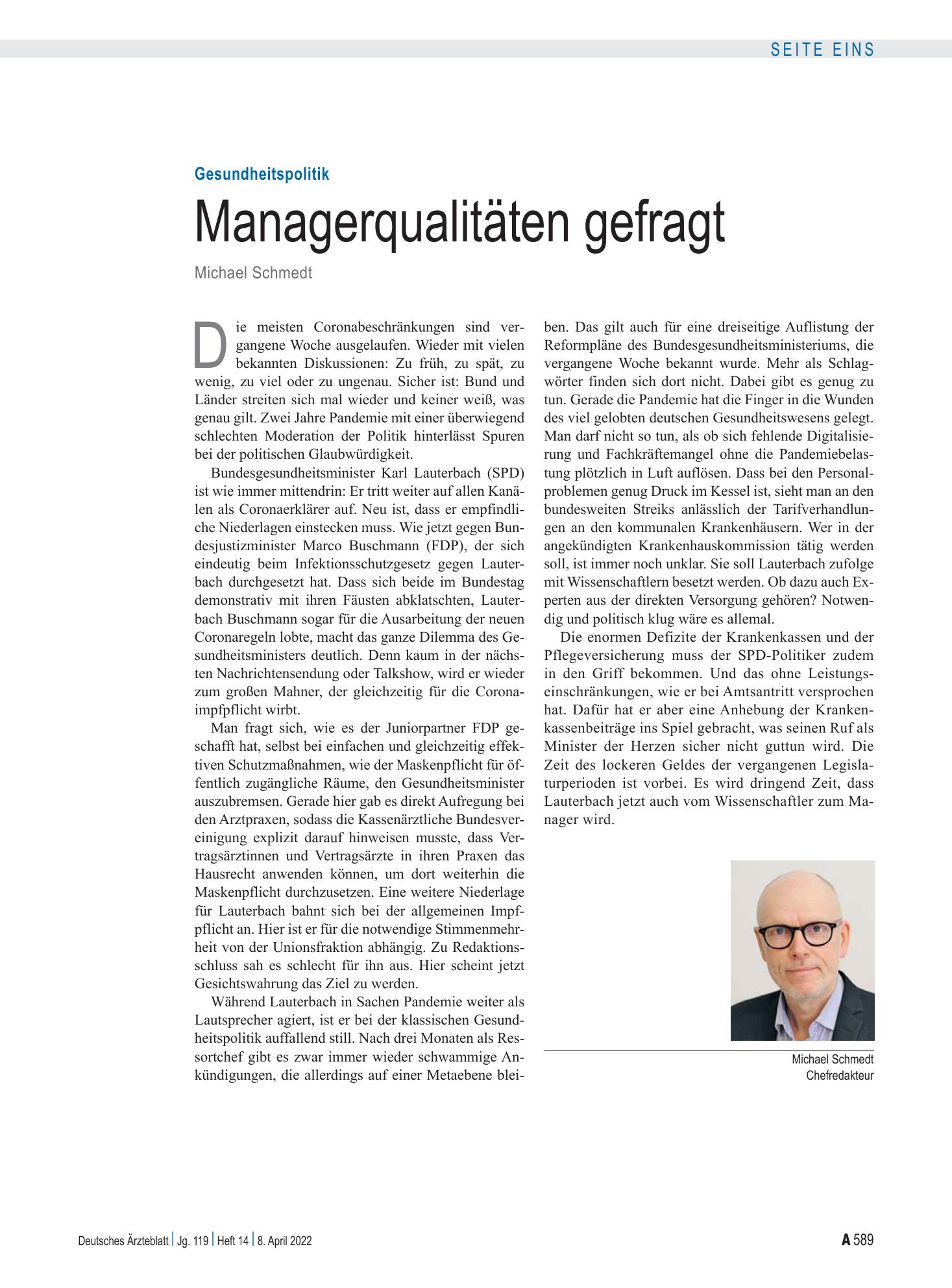 Vorschauseite 1: Gesundheitspolitik: Managerqualitäten gefragt – Deutsches Ärzteblatt