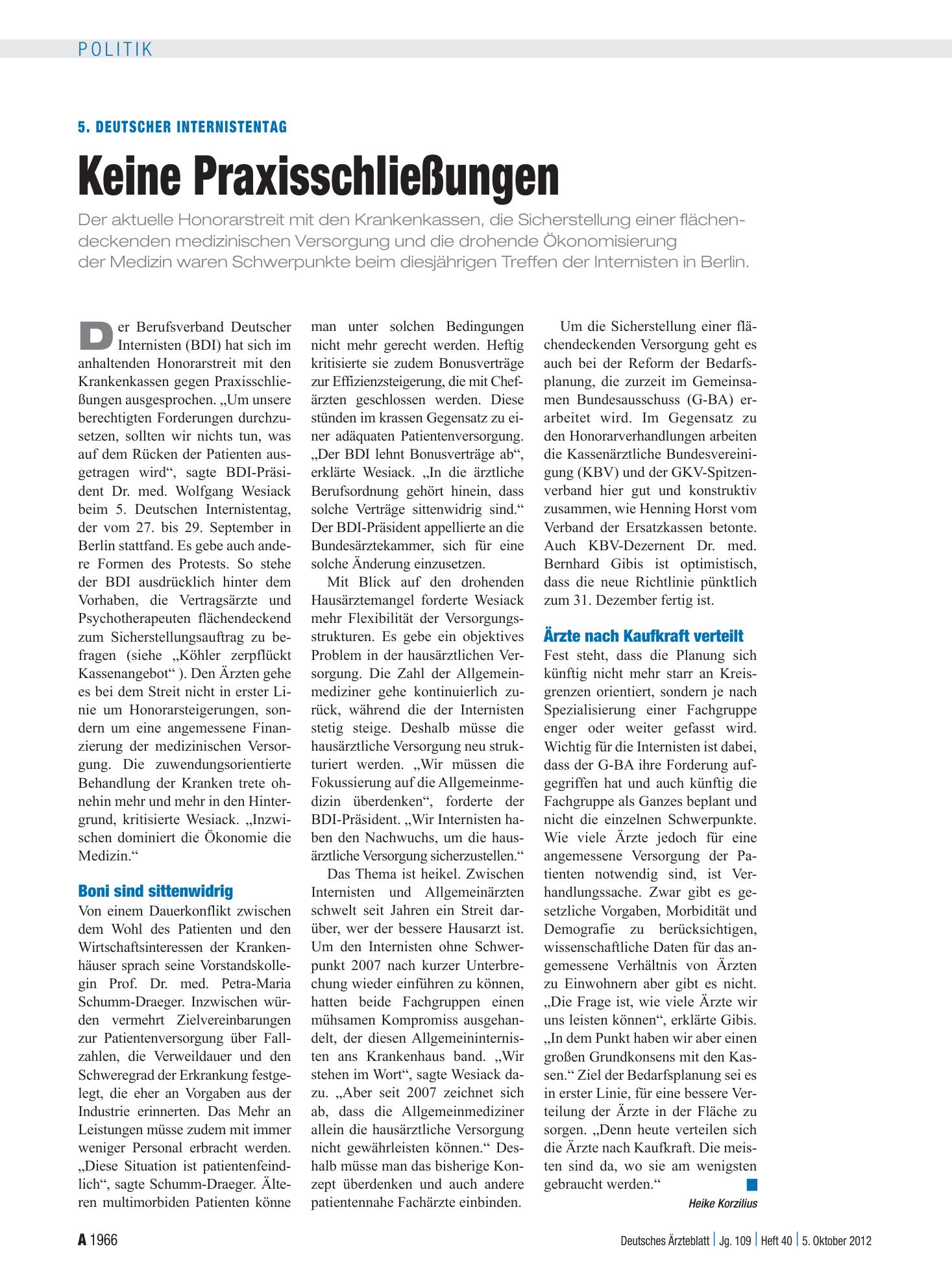 Vorschauseite 1: 5. Deutscher Internistentag: Keine Praxisschließungen – Deutsches Ärzteblatt
