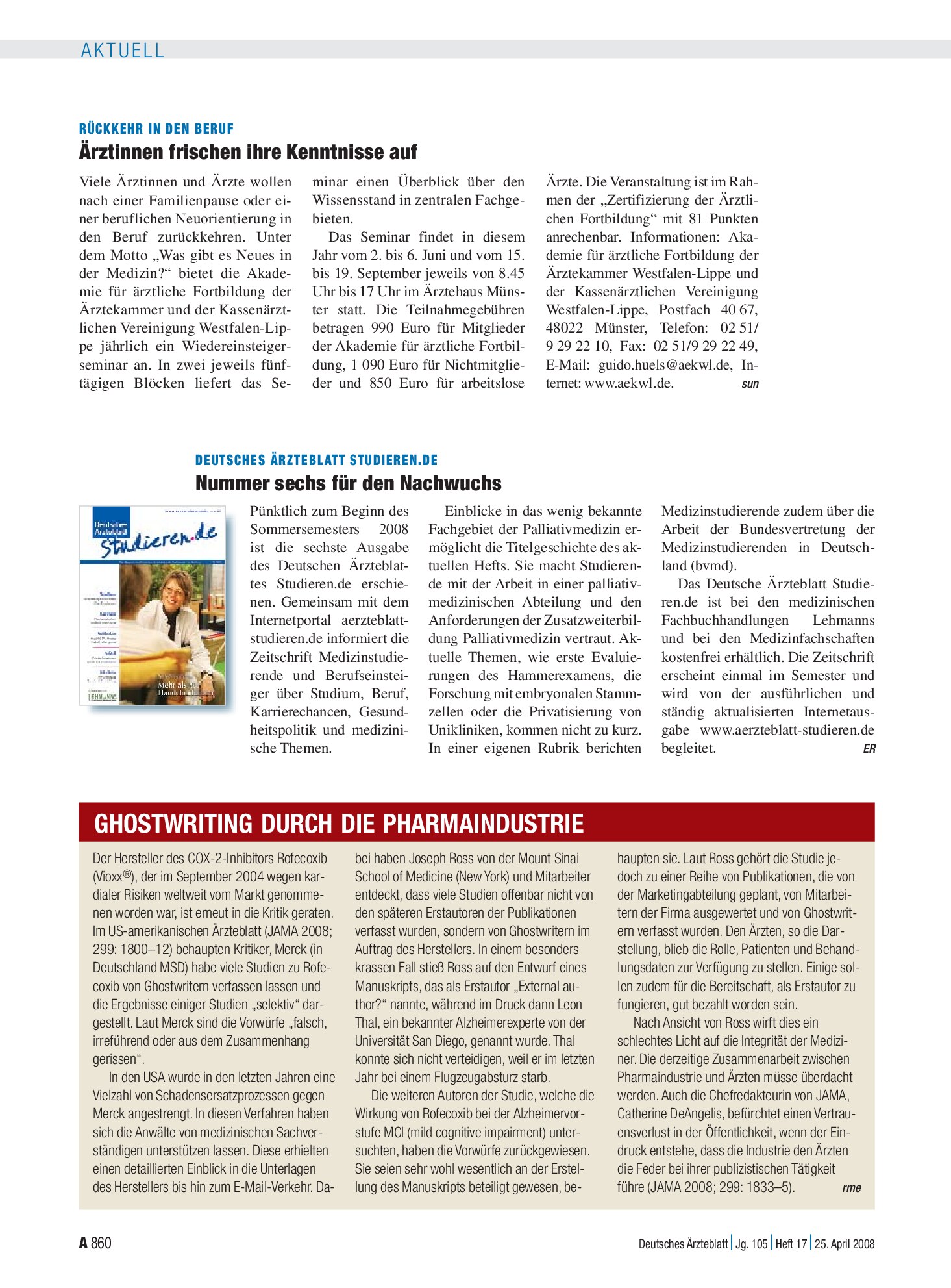 Vorschauseite 1: Ghostwriting durch die Pharmaindustrie – Deutsches Ärzteblatt