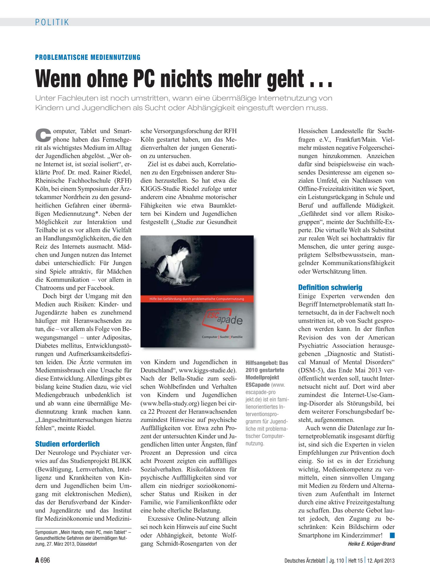 Vorschauseite 1: Problematische Mediennutzung: Wenn ohne PC nichts mehr geht . . . – Deutsches Ärzteblatt