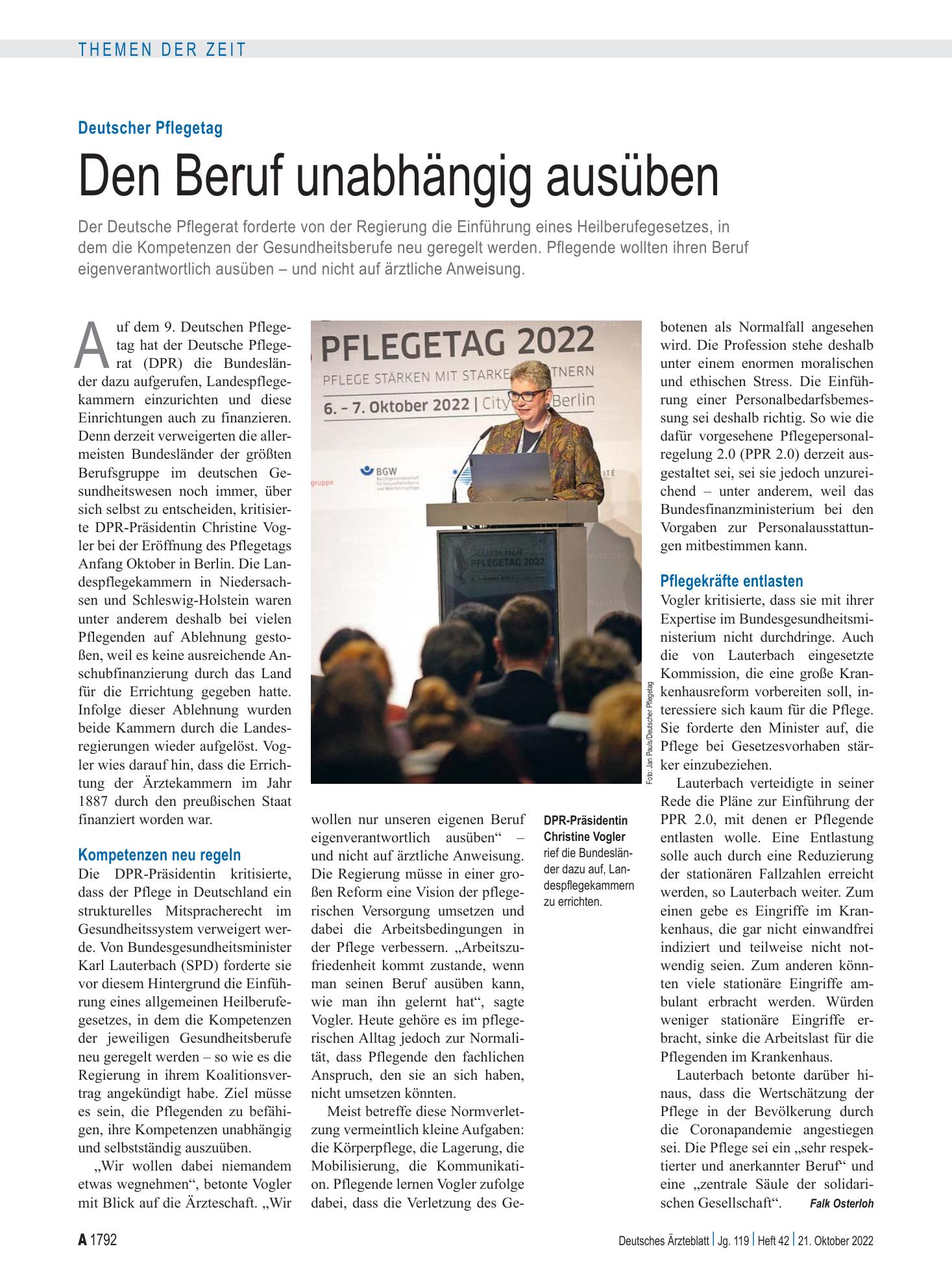 Vorschauseite 1: Deutscher Pflegetag: Den Beruf unabhängig ausüben – Deutsches Ärzteblatt