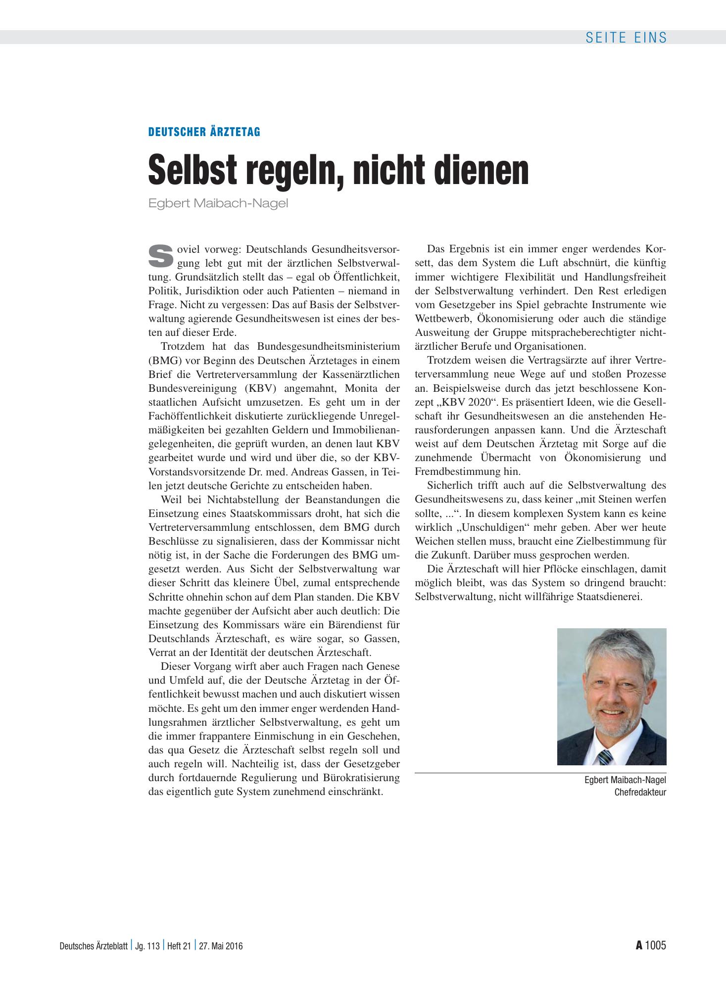 Vorschauseite 1: Deutscher Ärztetag: Selbst regeln, nicht dienen – Deutsches Ärzteblatt