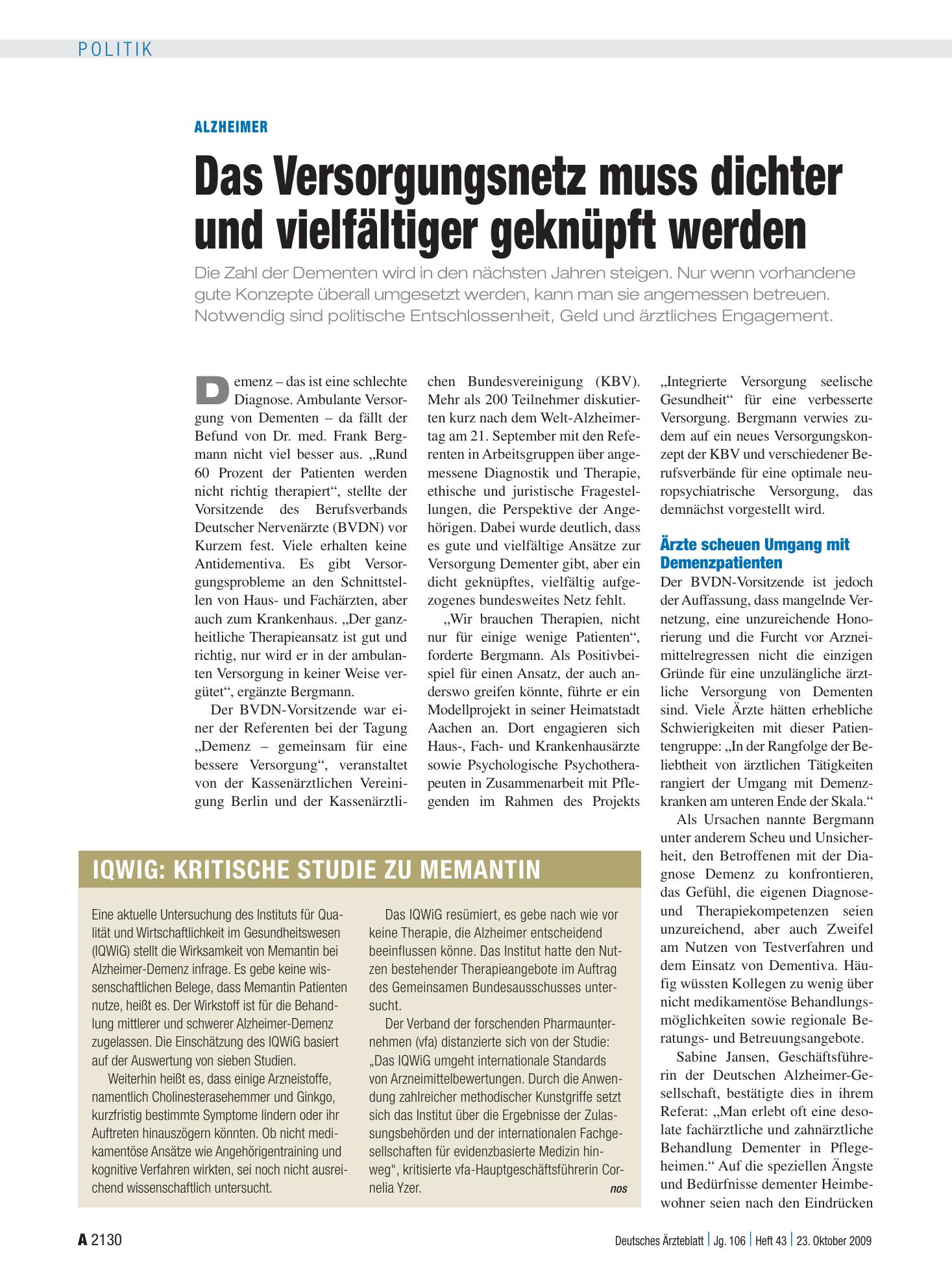 Vorschauseite 1: IQWiG: kritische Studie zu Memantin – Deutsches Ärzteblatt