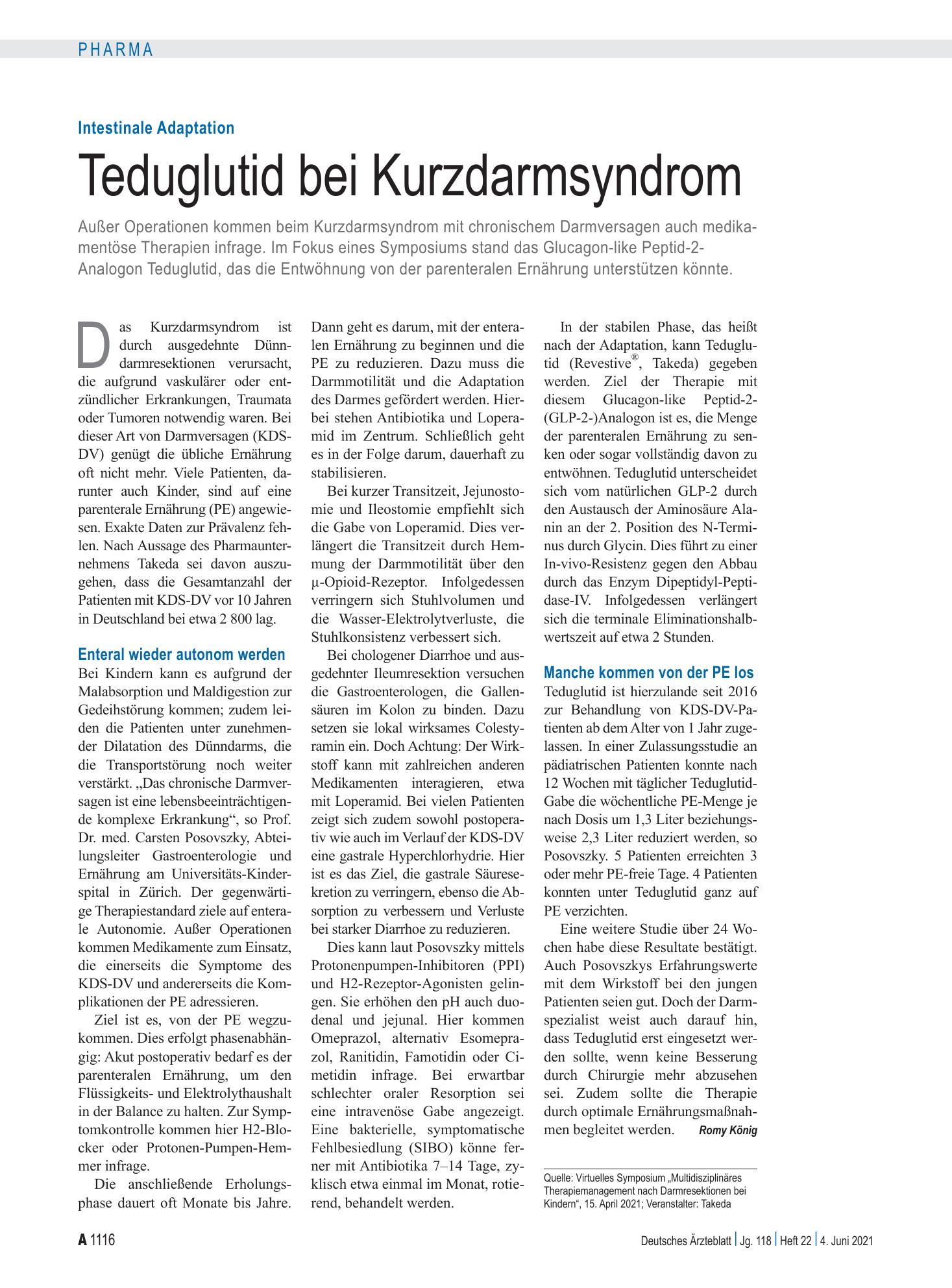 Vorschauseite 1: Intestinale Adaptation: Teduglutid bei Kurzdarmsyndrom – Deutsches Ärzteblatt