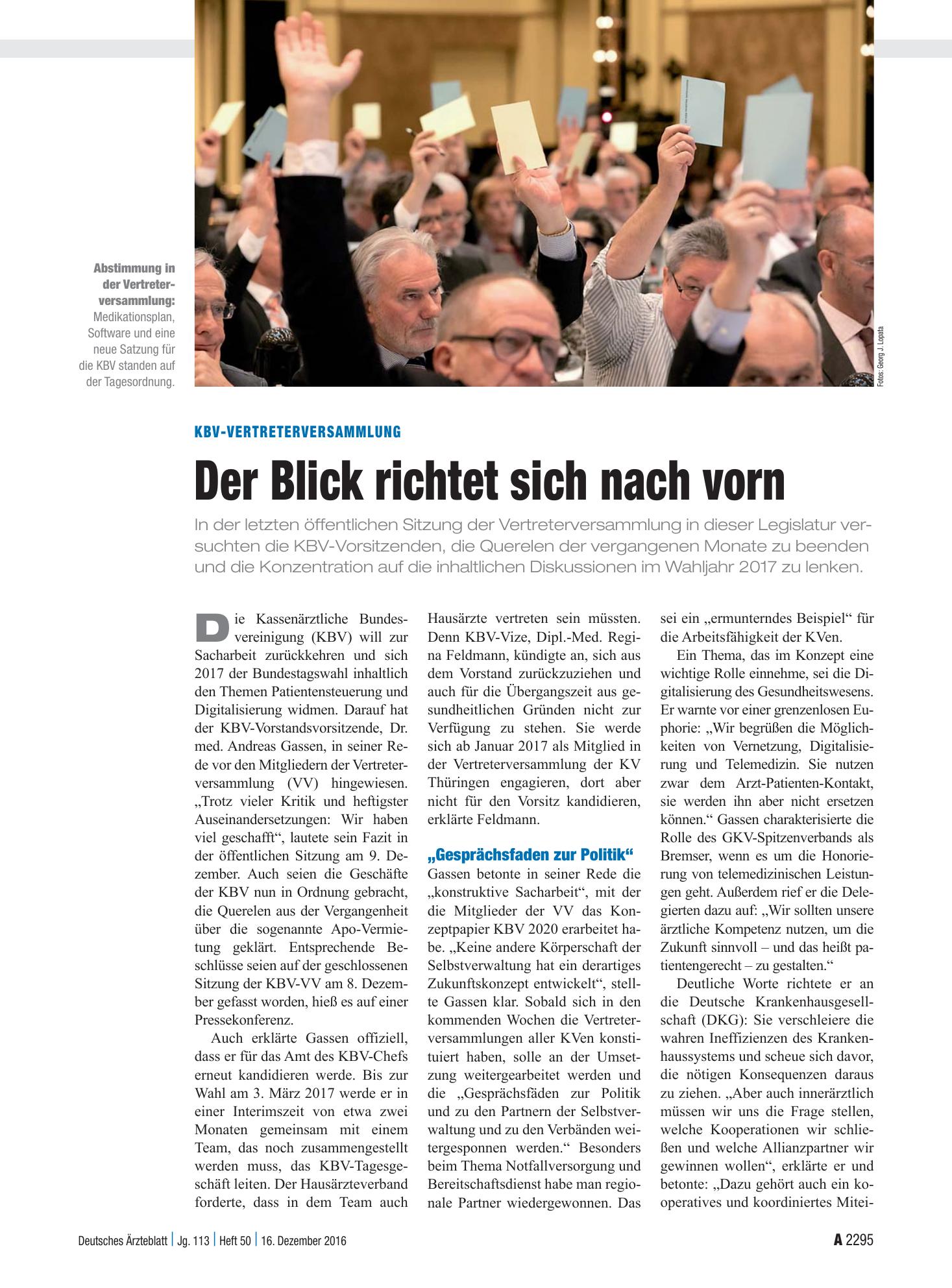 Vorschauseite 1: KBV-Vertreterversammlung: Der Blick richtet sich nach vorn – Deutsches Ärzteblatt