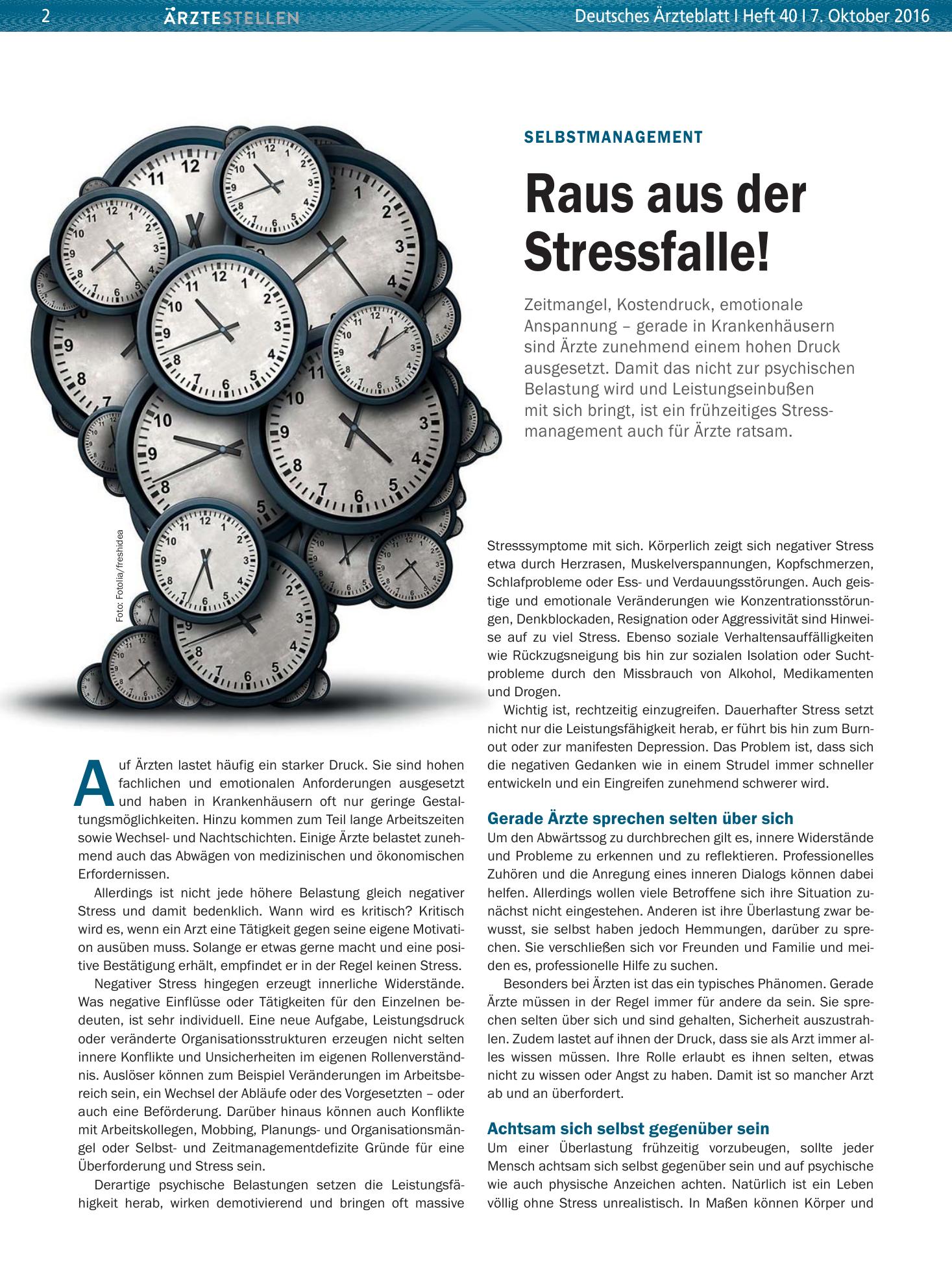 Vorschauseite 1: Selbstmanagement: Raus aus der Stressfalle! – Deutsches Ärzteblatt