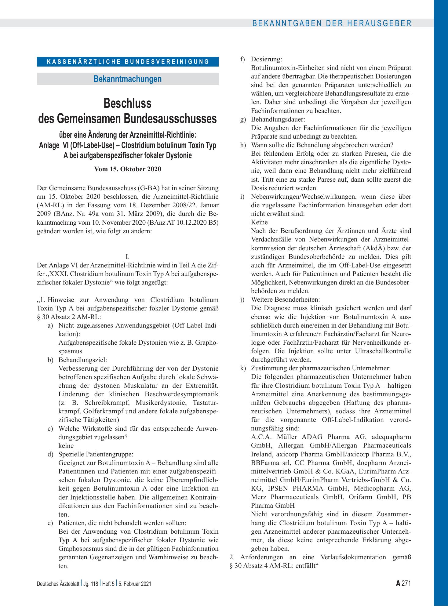 Vorschauseite 1: Beschluss des Gemeinsamen Bundesausschusses über eine Änderung der Arzneimittel-Richtlinie: Anlage VI (Off-Label-Use) – Clostridium botulinum Toxin Typ A bei aufgabenspezifischer…