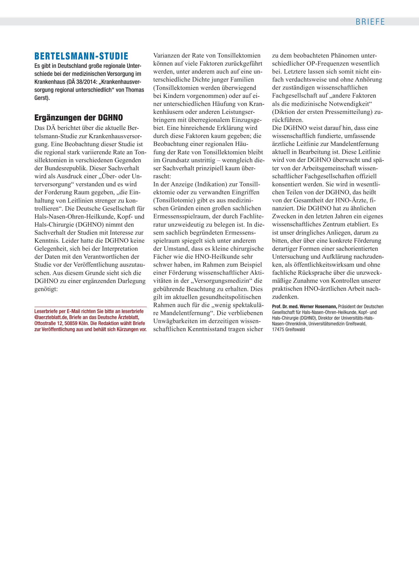 Vorschauseite 1: Bertelsmann-Studie: Ergänzungen der DGHNO – Deutsches Ärzteblatt
