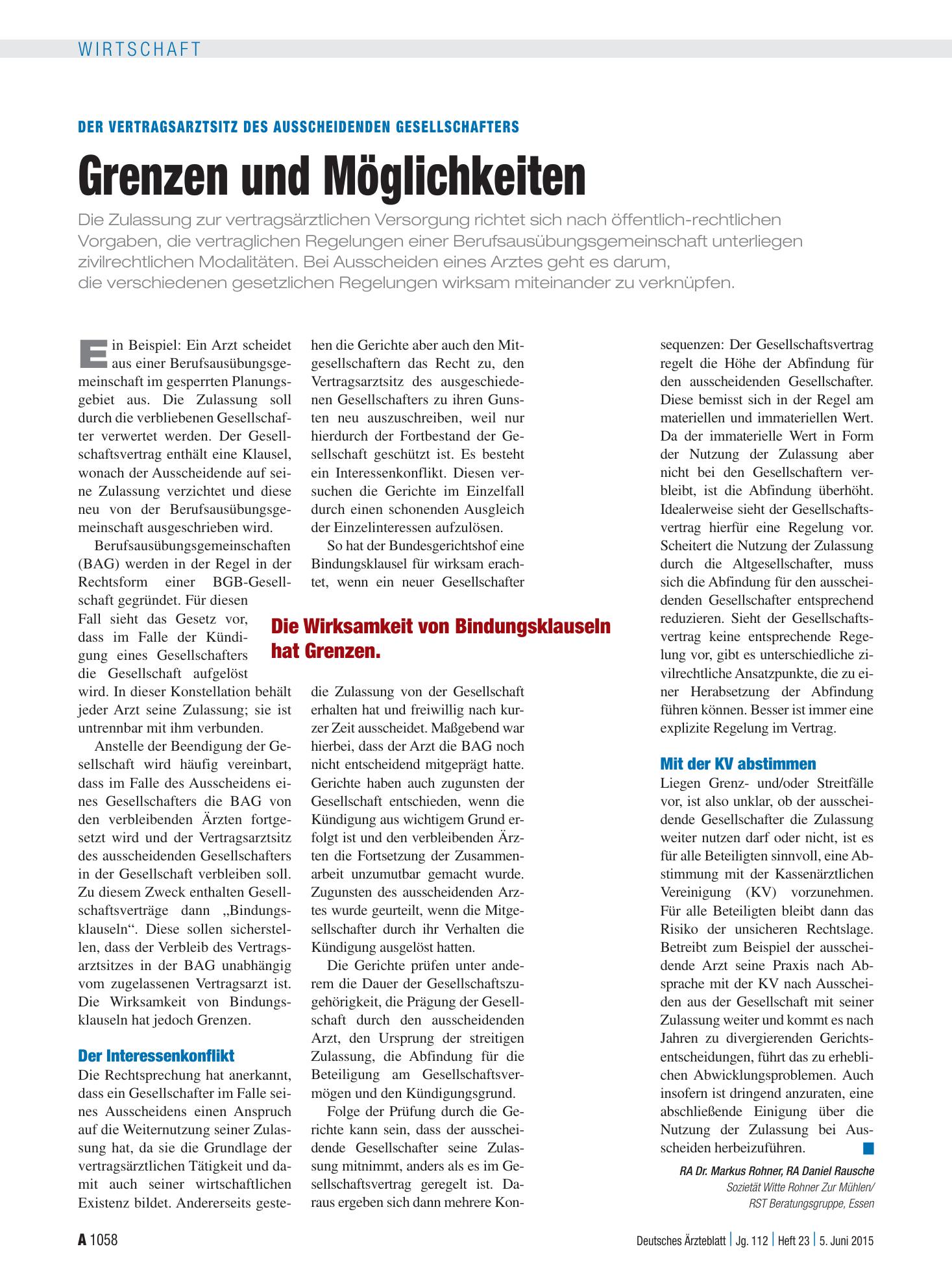 Vorschauseite 1: Der Vertragsarztsitz des ausscheidenden Gesellschafters: Grenzen und Möglichkeiten – Deutsches Ärzteblatt