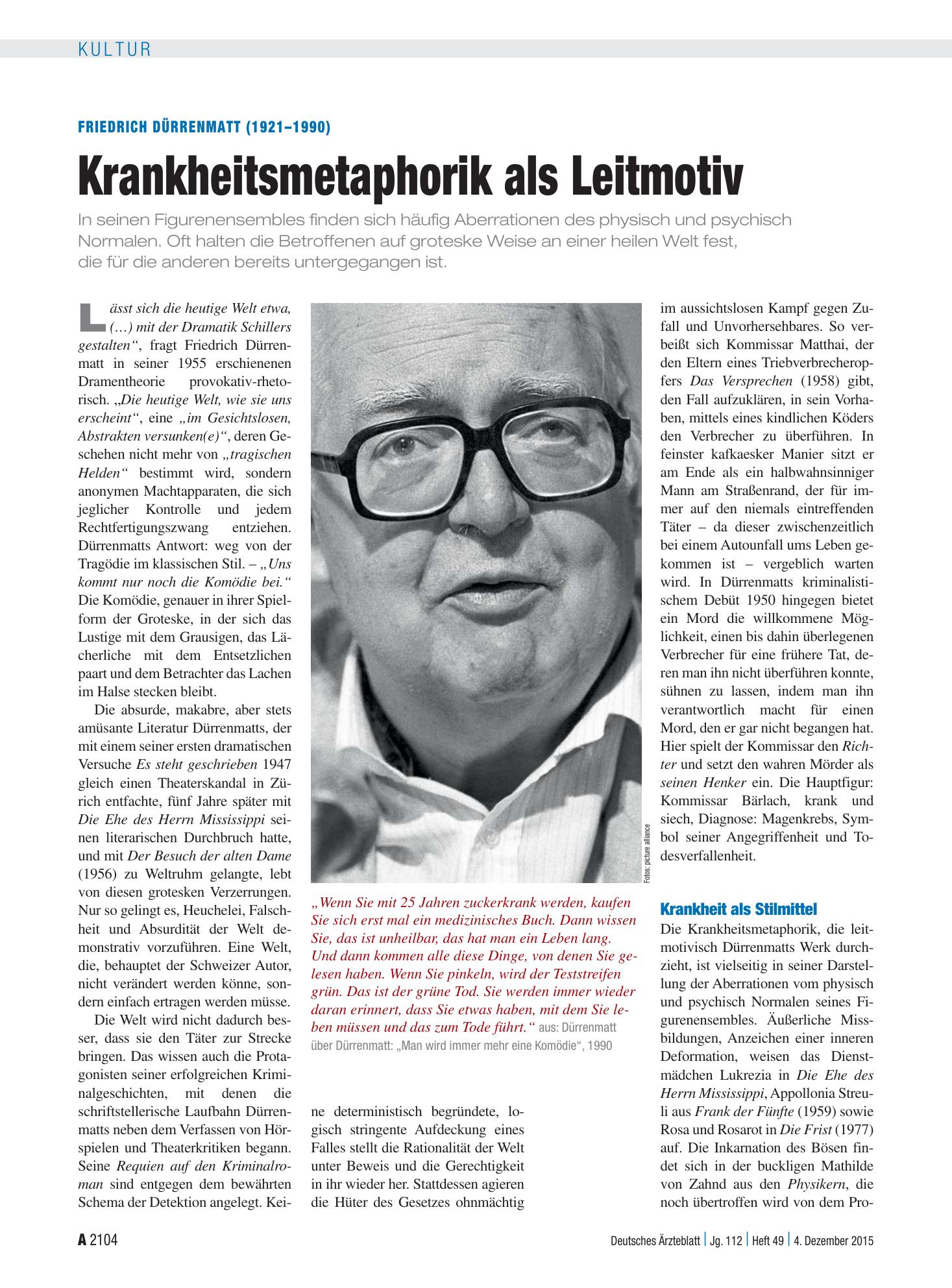 Vorschauseite 1: Friedrich Dürrenmatt (1921–1990): Krankheitsmetaphorik als Leitmotiv – Deutsches Ärzteblatt