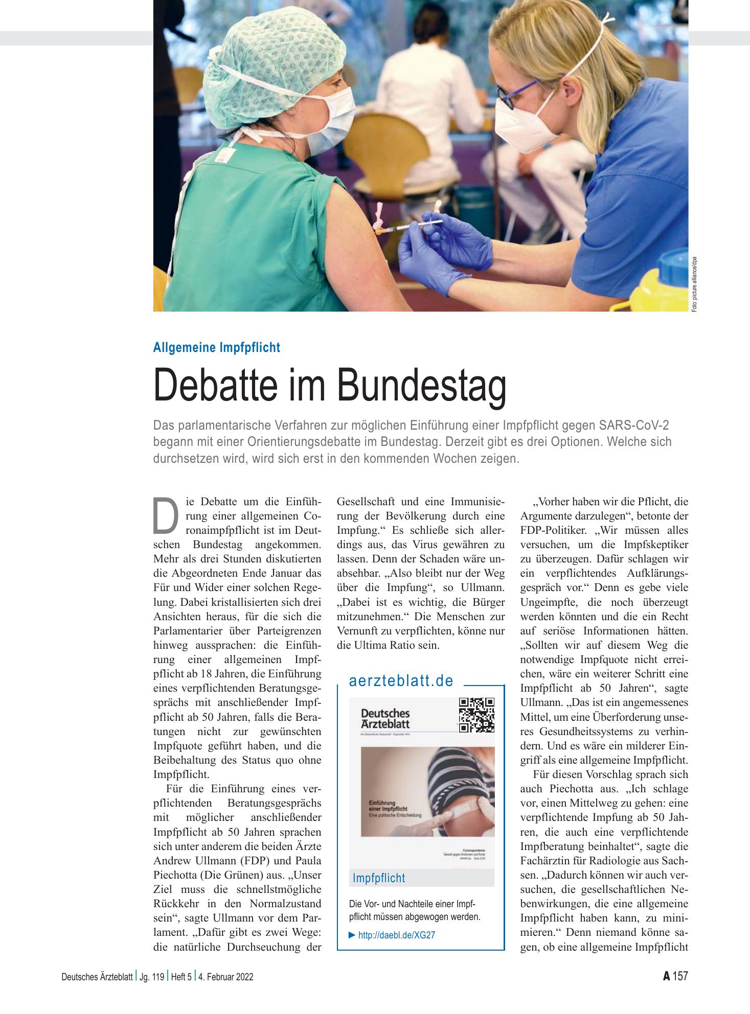 Vorschauseite 1: Allgemeine Impfpflicht: Debatte im Bundestag – Deutsches Ärzteblatt