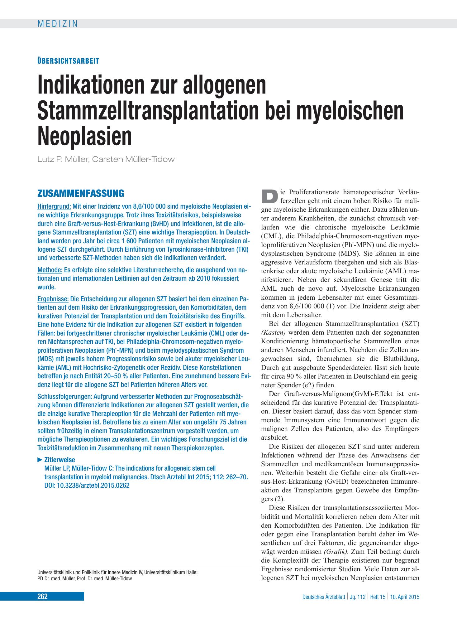 Vorschauseite 1: Indikationen zur allogenen Stammzelltransplantation bei myeloischen Neoplasien – Deutsches Ärzteblatt