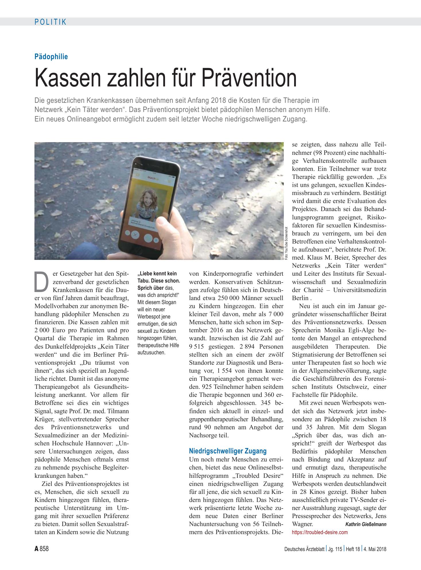 Vorschauseite 1: Pädophilie: Kassen zahlen für Prävention – Deutsches Ärzteblatt