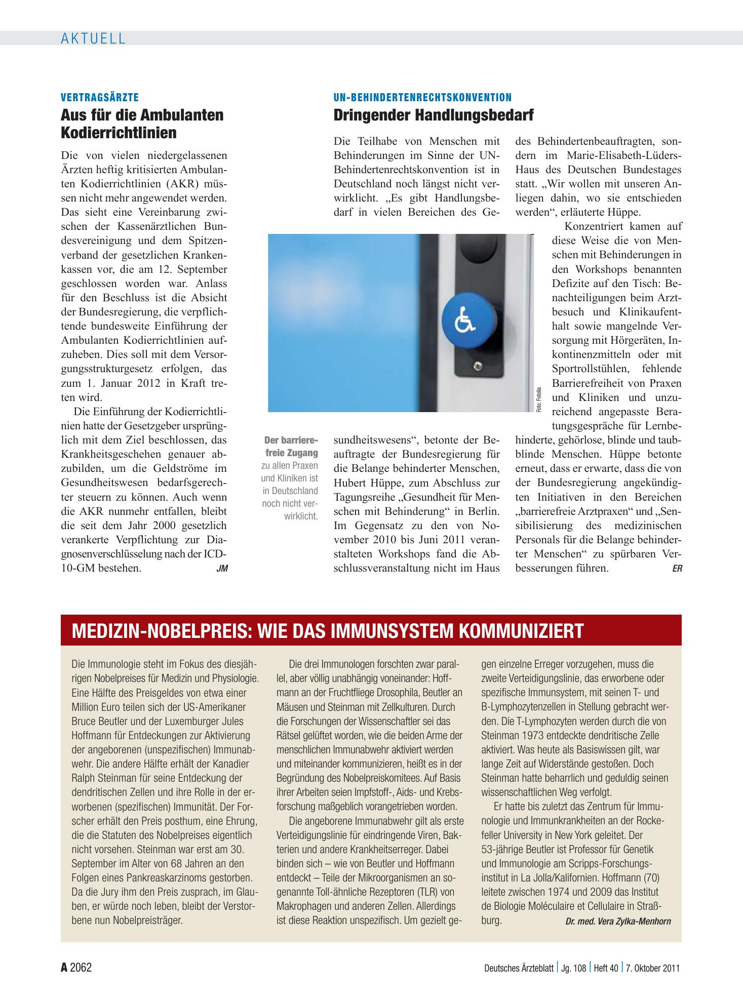 Vorschauseite 1: UN-Behindertenrechtskonvention: Dringender Handlungsbedarf – Deutsches Ärzteblatt