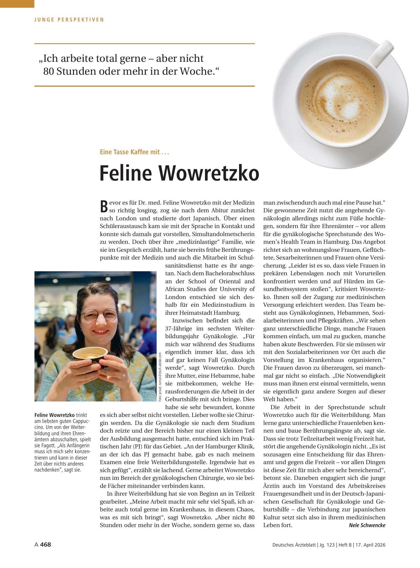 Vorschauseite 1: Eine Tasse Kaffee mit . . . Feline Wowretzko – Deutsches Ärzteblatt