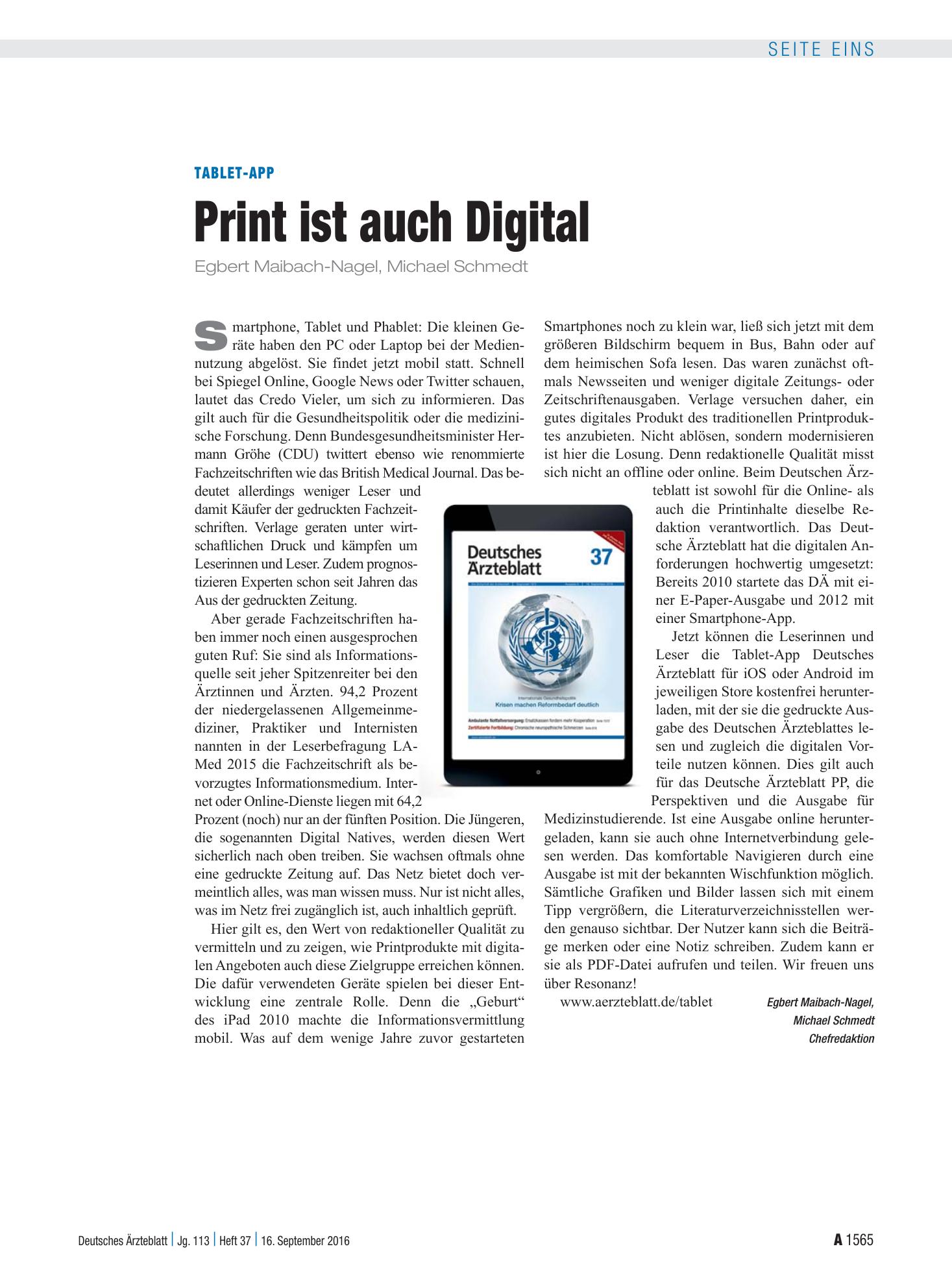 Vorschauseite 1: Tablet-App: Print ist auch Digital – Deutsches Ärzteblatt
