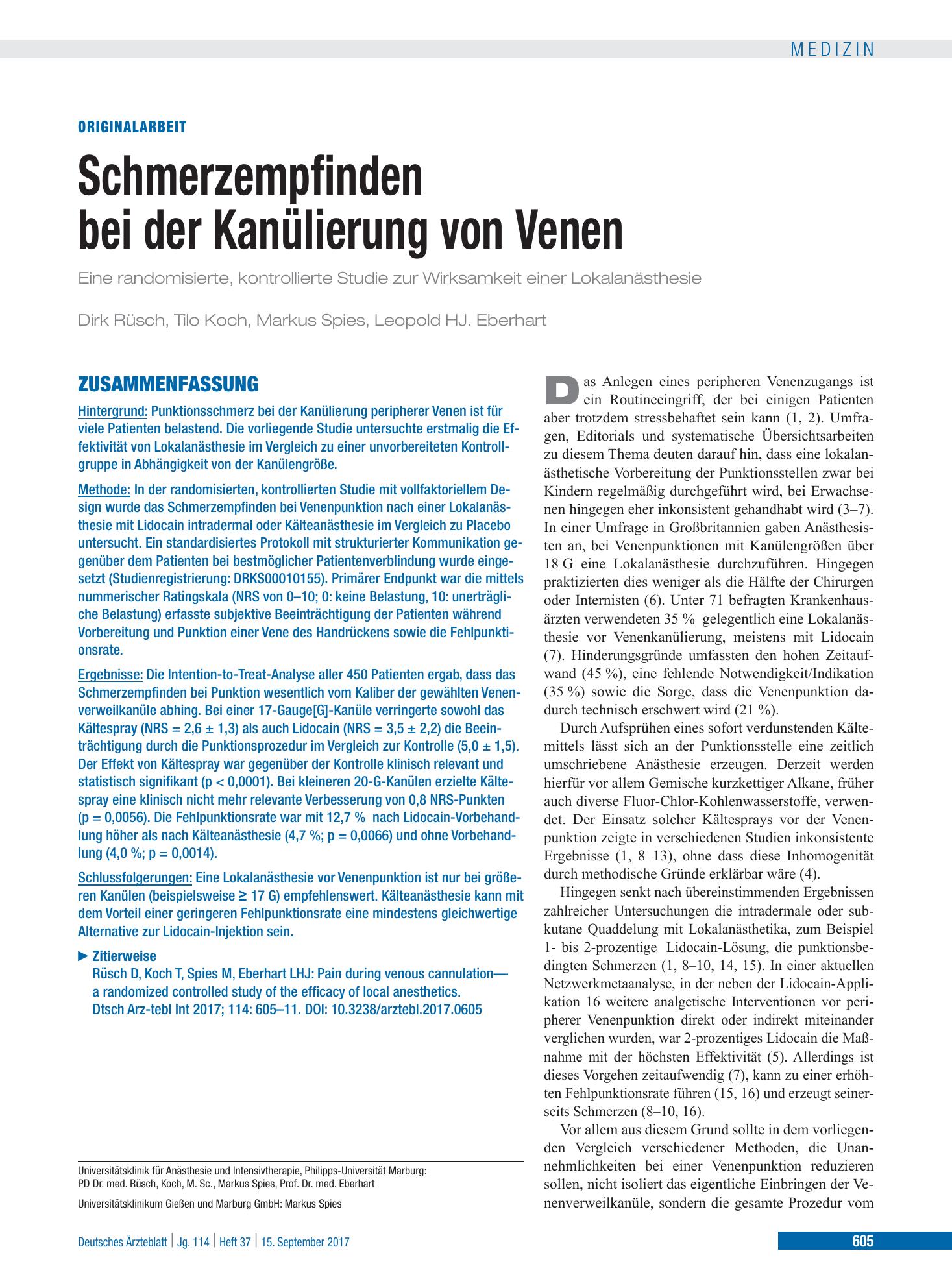 Vorschauseite 1: Schmerzempfinden bei der Kanülierung von Venen – Deutsches Ärzteblatt