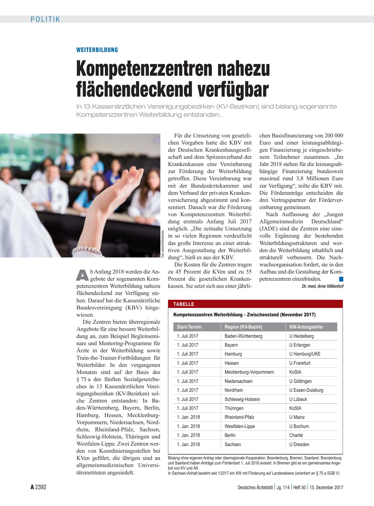 Vorschauseite 1: Weiterbildung: Kompetenzzentren nahezu flächendeckend verfügbar – Deutsches Ärzteblatt