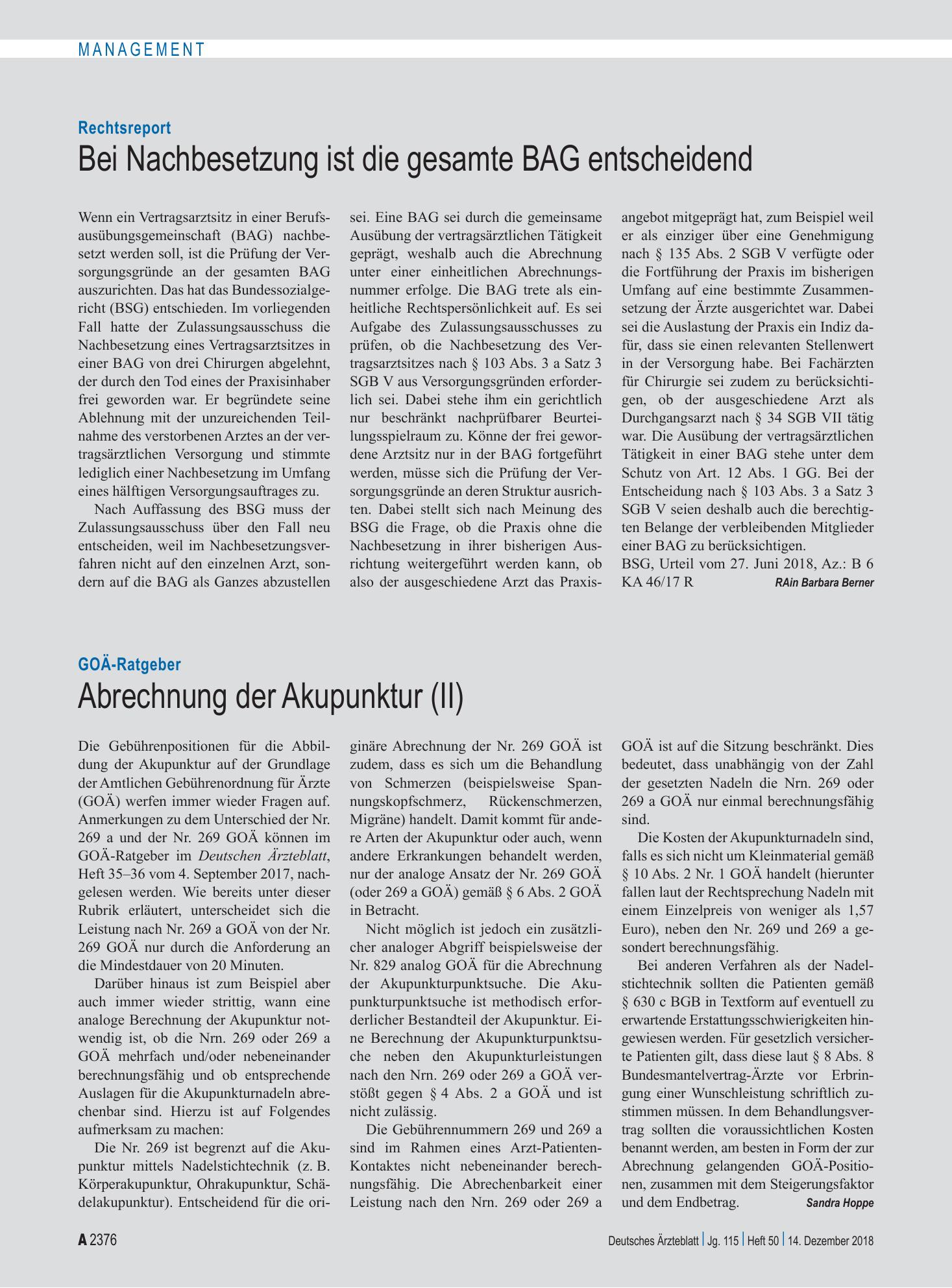 Vorschauseite 1: GOÄ-Ratgeber: Abrechnung der Akupunktur (II) – Deutsches Ärzteblatt