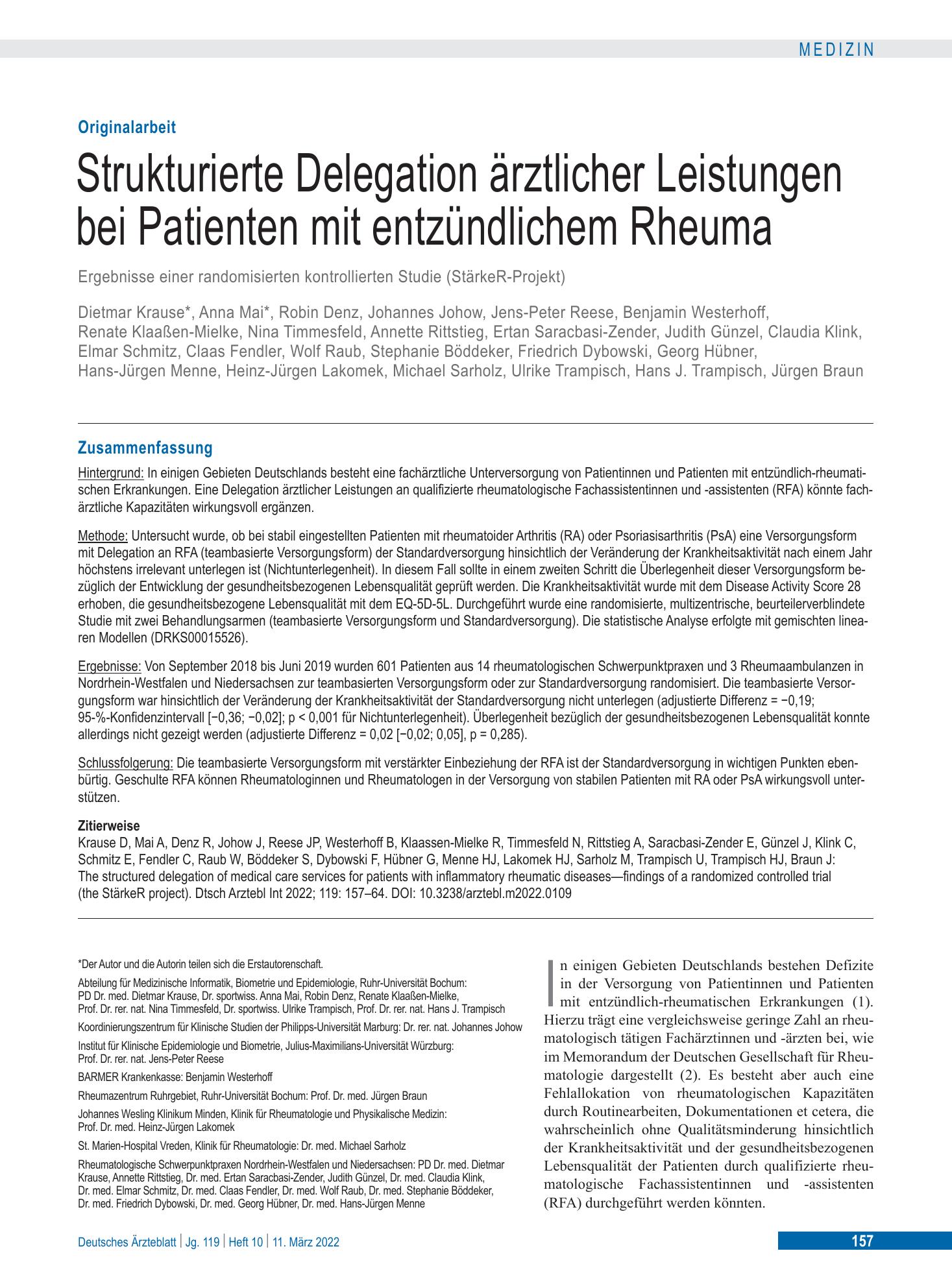 Vorschauseite 1: Strukturierte Delegation ärztlicher Leistungen bei Patienten mit entzündlichem Rheuma – Deutsches Ärzteblatt
