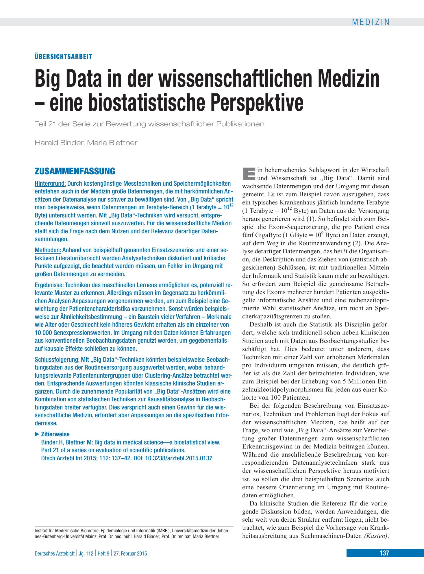 Vorschauseite 1: Big Data in der wissenschaftlichen Medizin – eine biostatistische Perspektive – Deutsches Ärzteblatt