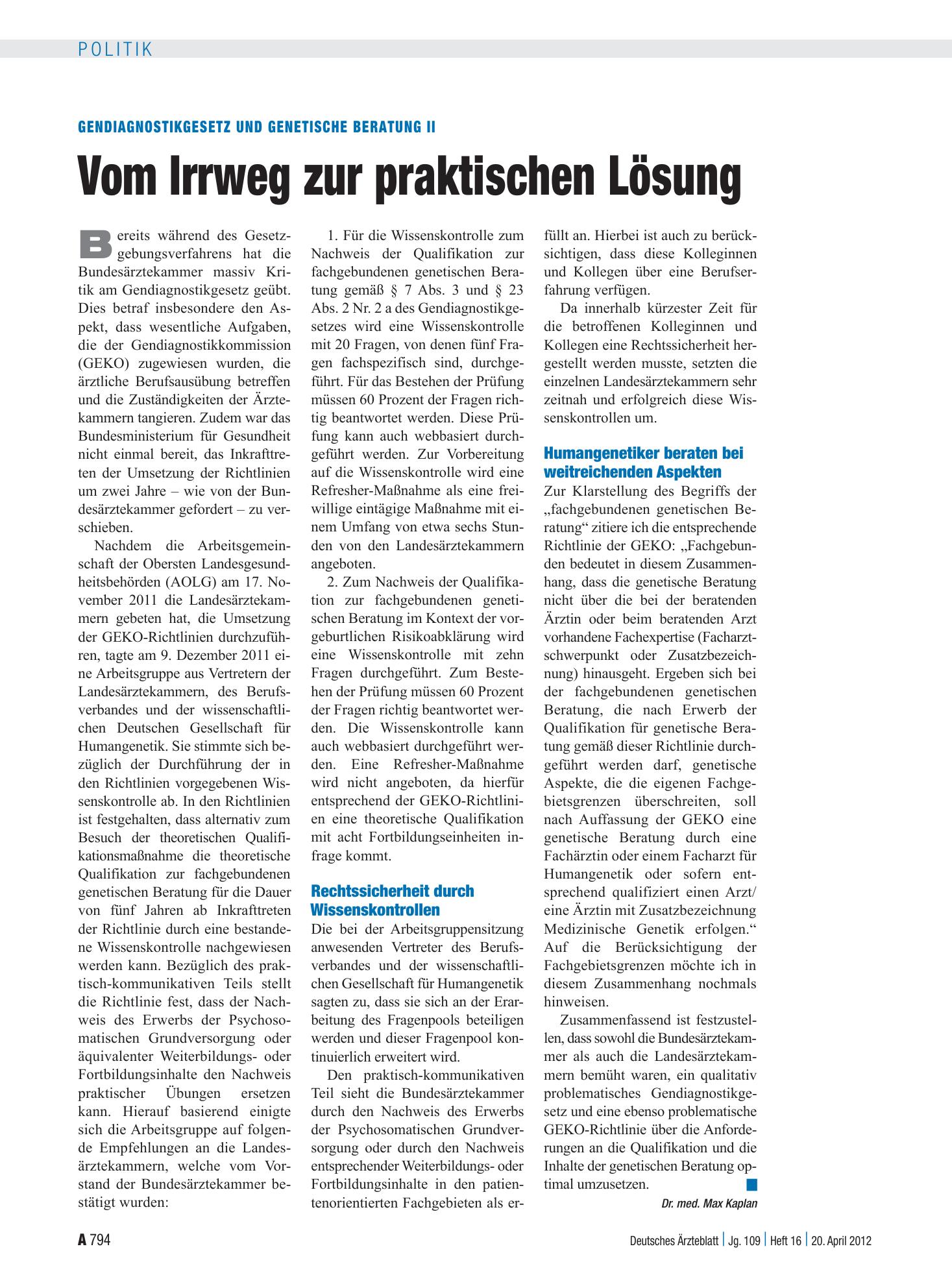 Vorschauseite 1: Gendiagnostikgesetz und genetische Beratung II: Vom Irrweg zur praktischen Lösung – Deutsches Ärzteblatt