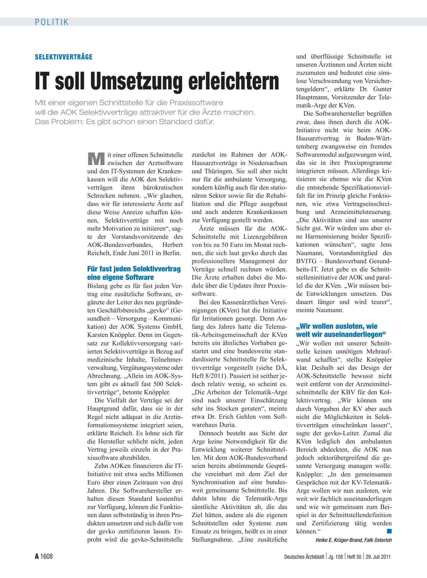Vorschauseite 1: Selektivverträge: IT soll Umsetzung erleichtern – Deutsches Ärzteblatt