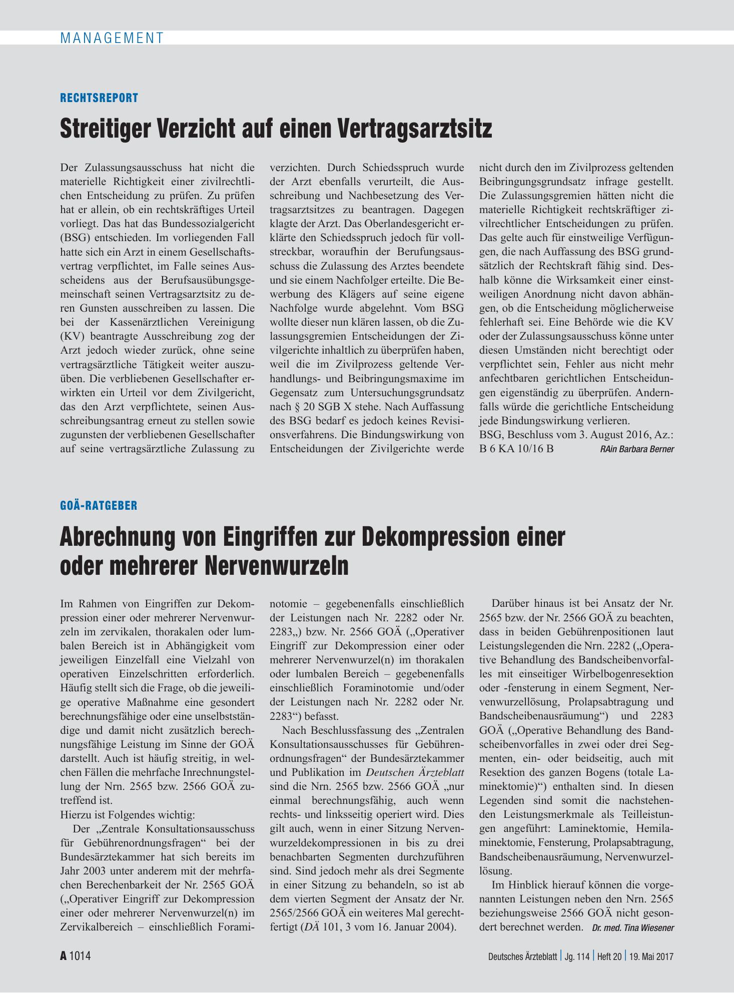 Vorschauseite 1: GOÄ-Ratgeber: Abrechnung von Eingriffen zur Dekompression einer oder mehrerer Nervenwurzeln – Deutsches Ärzteblatt