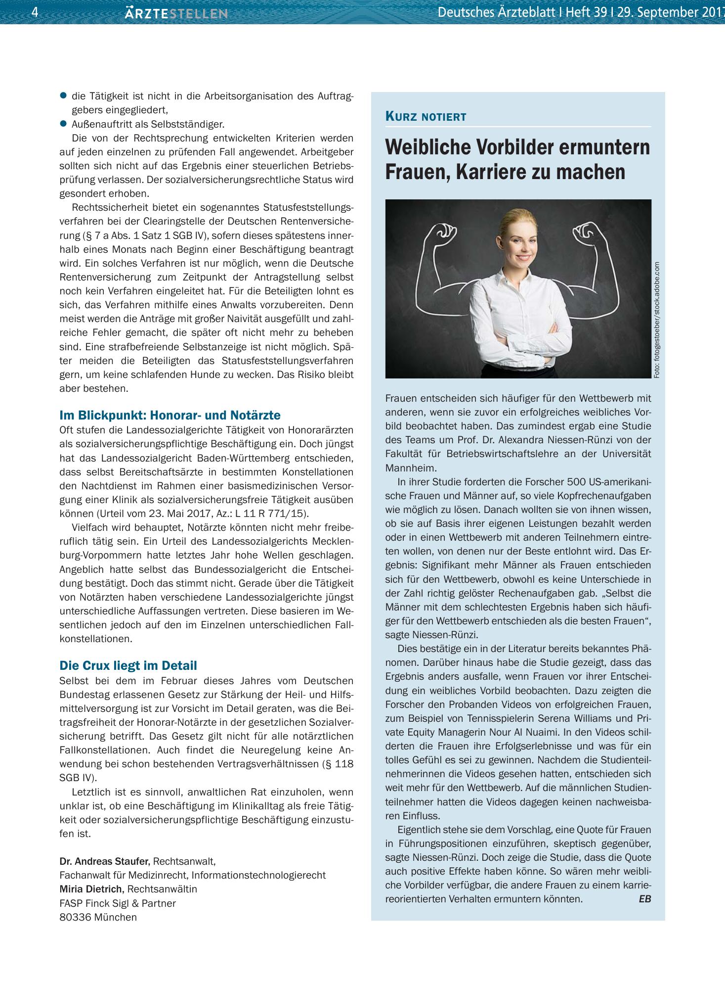 Vorschauseite 1: Weibliche Vorbilder ermuntern Frauen, Karriere zu machen – Deutsches Ärzteblatt