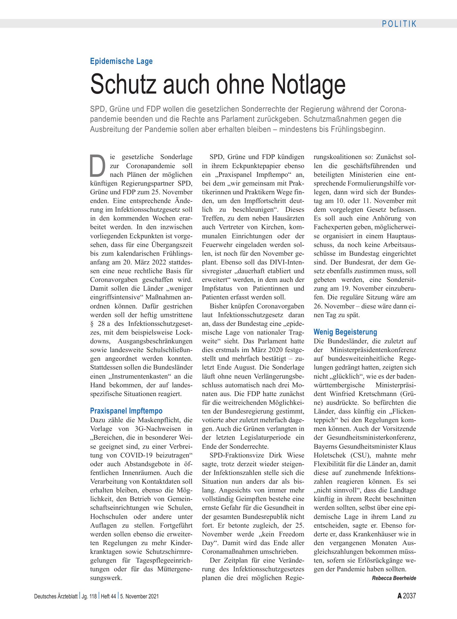 Vorschauseite 1: Epidemische Lage: Schutz auch ohne Notlage – Deutsches Ärzteblatt