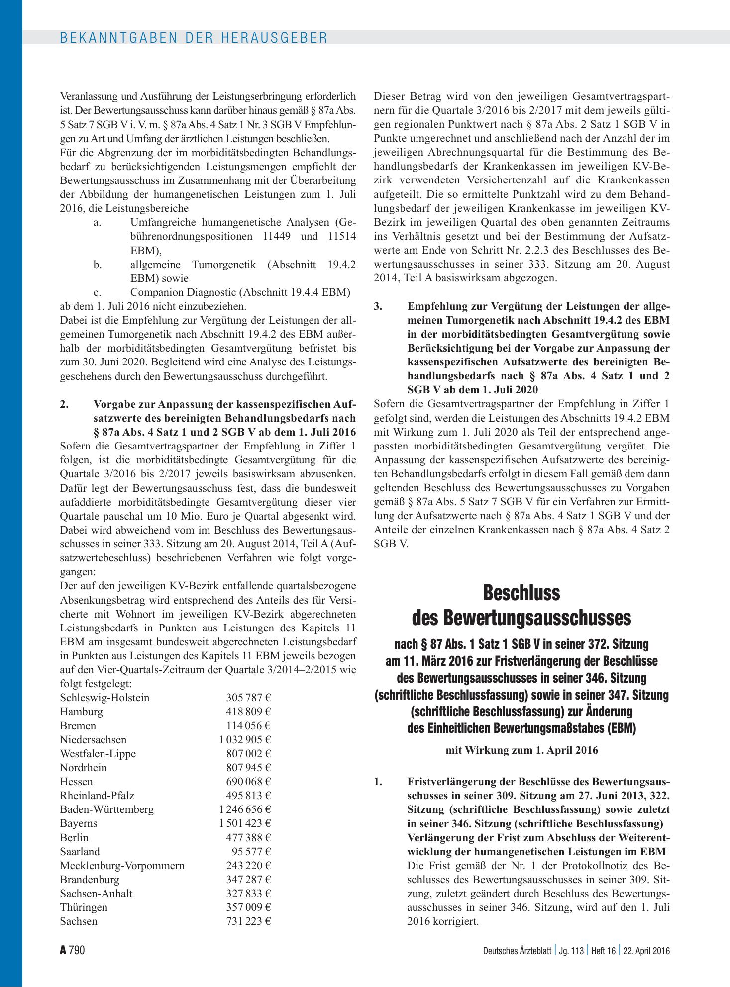Vorschauseite 1: Beschluss des Bewertungsausschusses nach § 87 Abs. 1 Satz 1 SGB V in seiner 372. Sitzung am 11. März 2016 zur Fristverlängerung der Beschlüsse des Bewertungsausschusses in seiner…