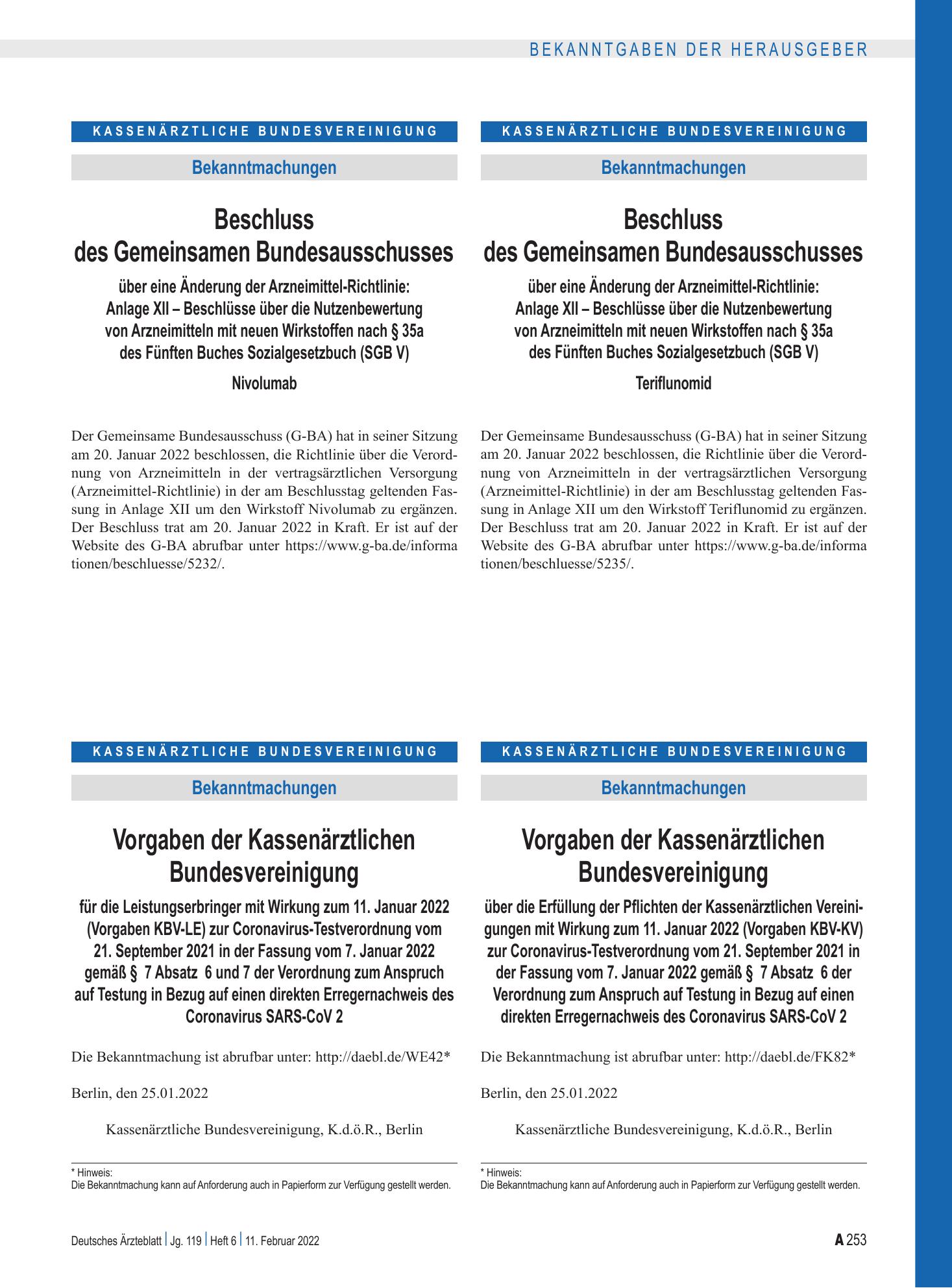 Vorschauseite 1: Beschluss des Gemeinsamen Bundesausschusses über eine Änderung der Arzneimittel-Richtlinie: Nivolumab – Deutsches Ärzteblatt