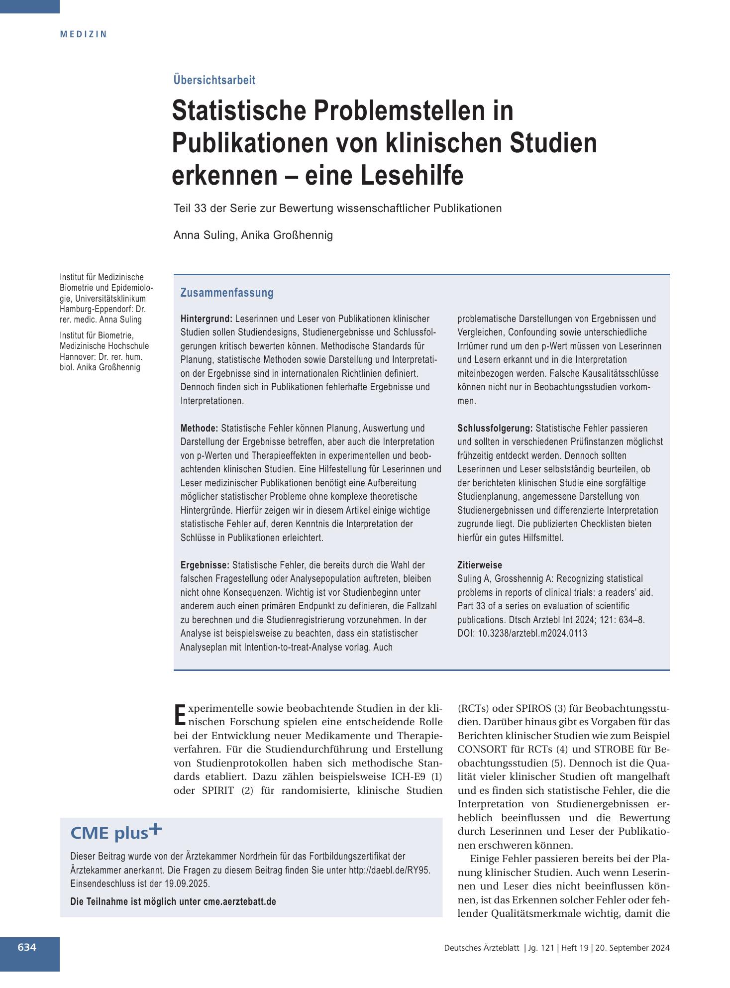 Vorschauseite 1: Statistische Problemstellen in Publikationen von klinischen Studien erkennen – eine Lesehilfe – Deutsches Ärzteblatt