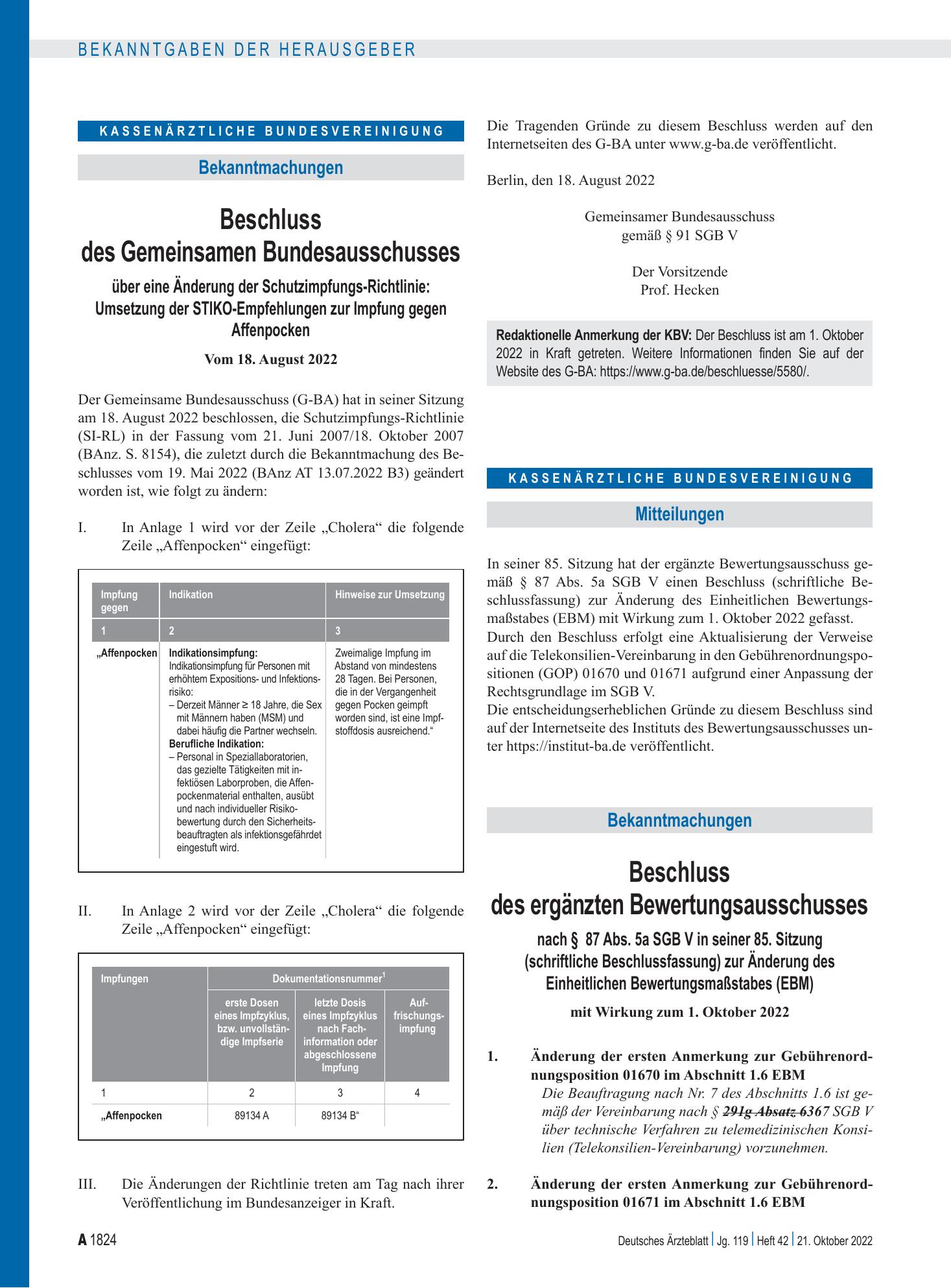 Vorschauseite 1: Beschluss des Gemeinsamen Bundesausschusses über eine Änderung der Schutzimpfungs-Richtlinie: Umsetzung der STIKO-Empfehlungen zur Impfung gegen Affenpocken – Deutsches Ärzteblatt