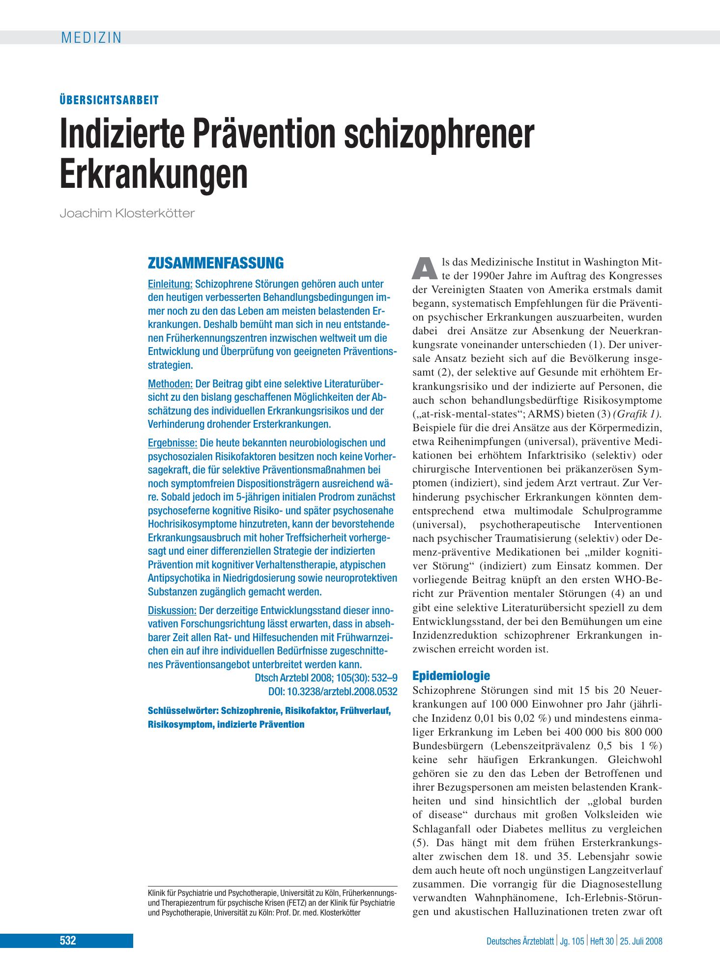 Vorschauseite 1: Indizierte Prävention schizophrener Erkrankungen – Deutsches Ärzteblatt