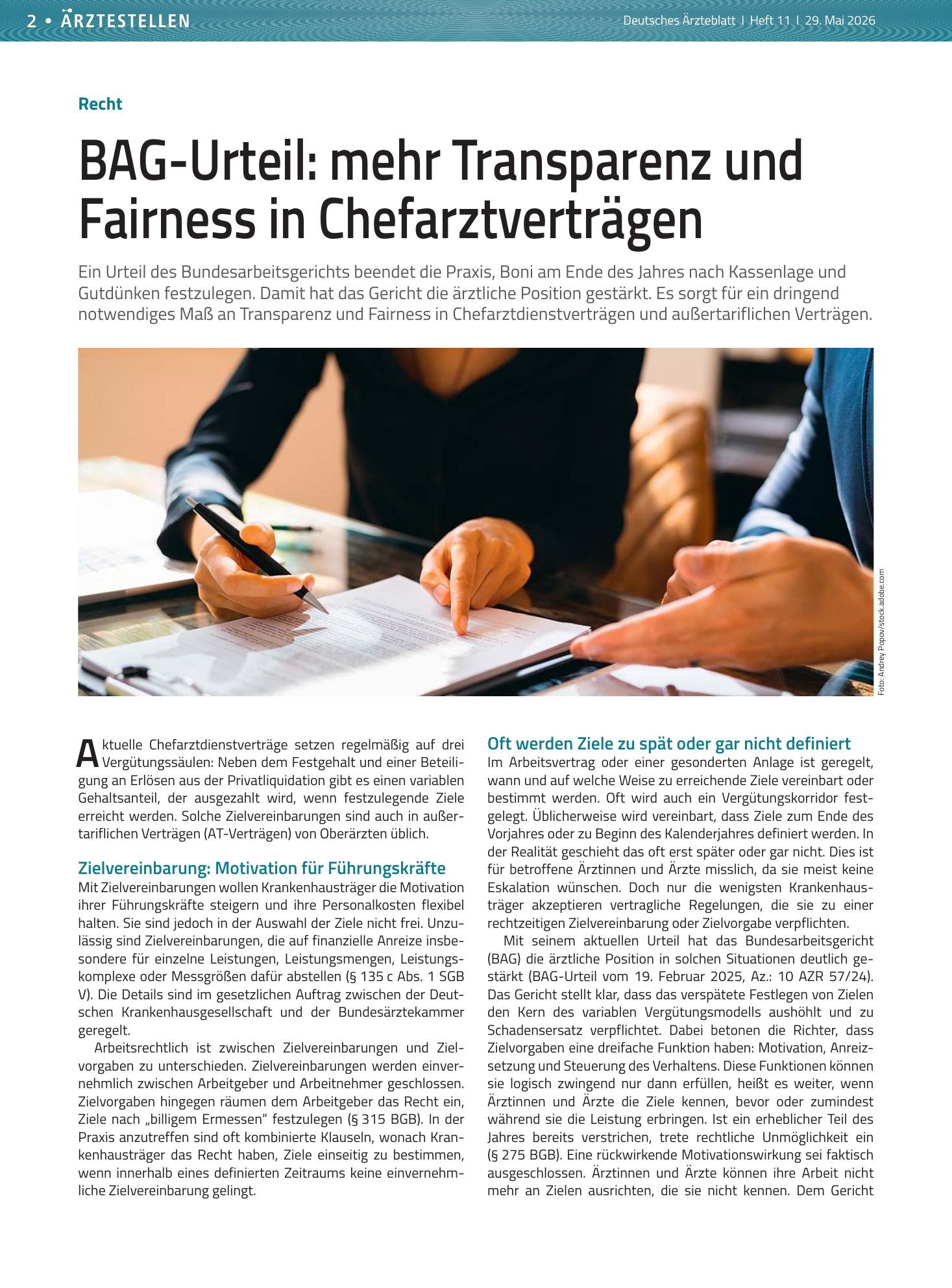 Vorschauseite 1: Recht: BAG-Urteil — mehr Transparenz und Fairness in Chefarztverträgen – Deutsches Ärzteblatt