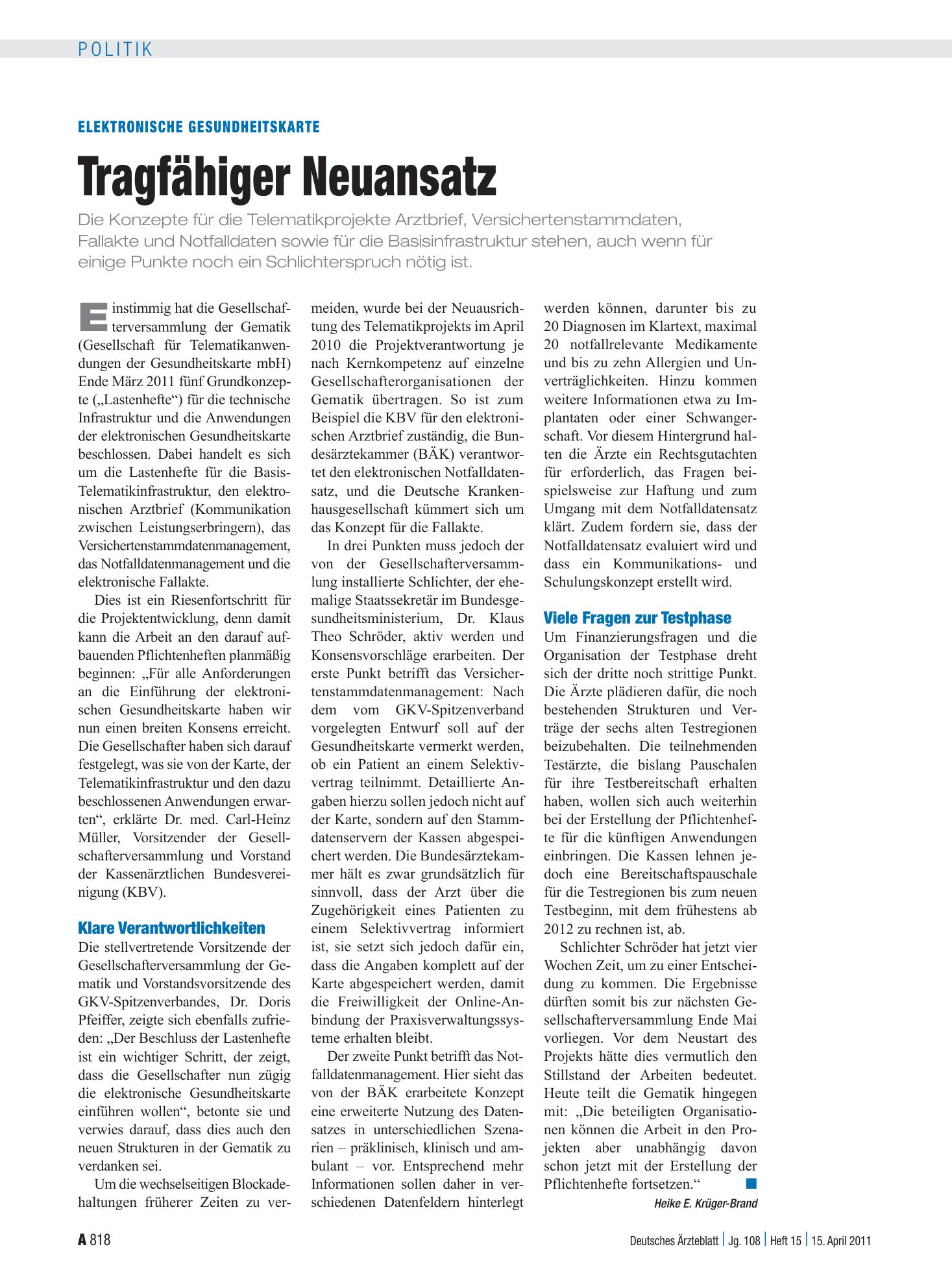 Vorschauseite 1: Elektronische Gesundheitskarte: Tragfähiger Neuansatz – Deutsches Ärzteblatt