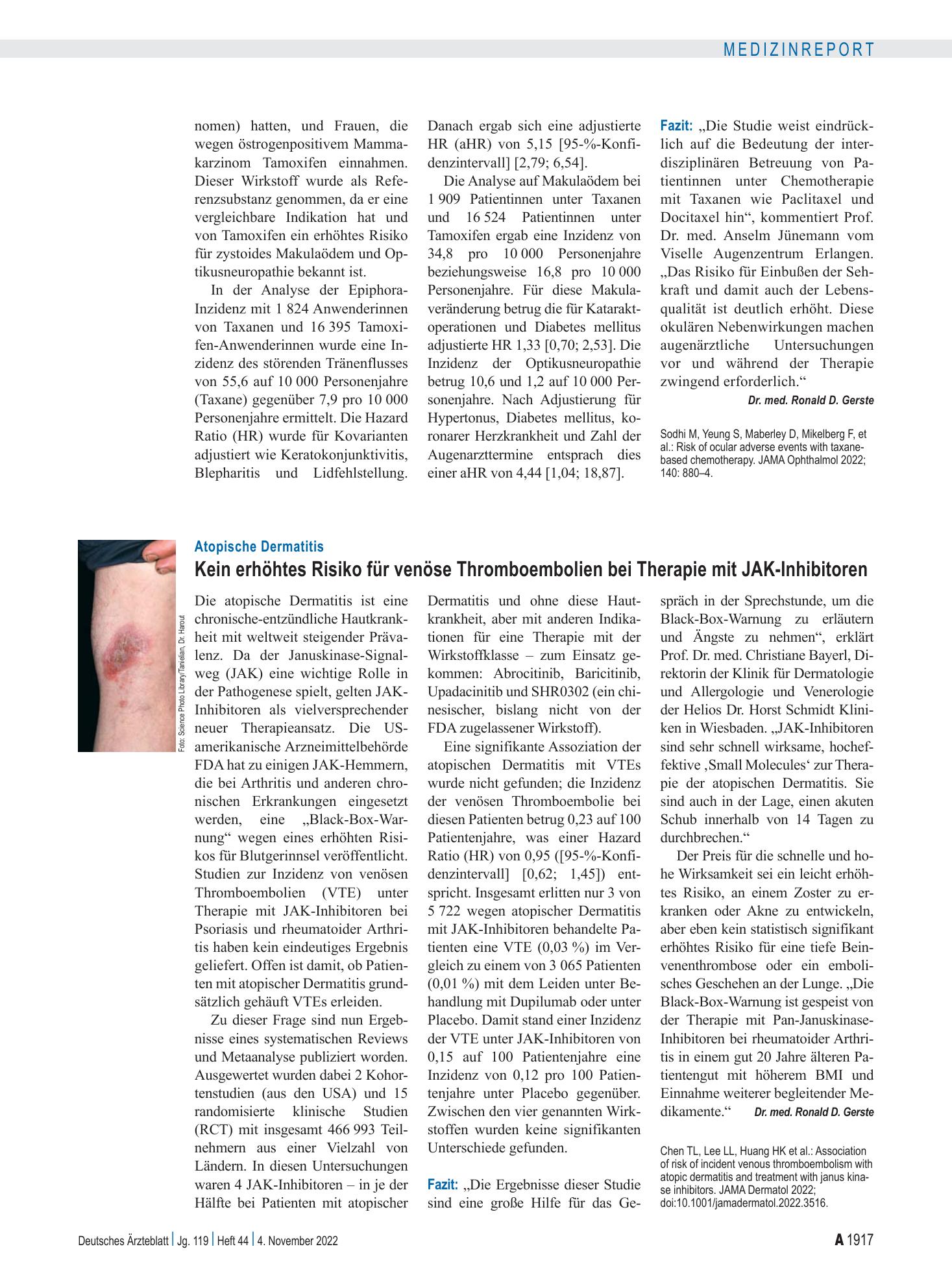 Vorschauseite 1: Atopische Dermatitis: Kein erhöhtes Risiko für venöse Thromboembolien bei Therapie mit JAK-Inhibitoren – Deutsches Ärzteblatt