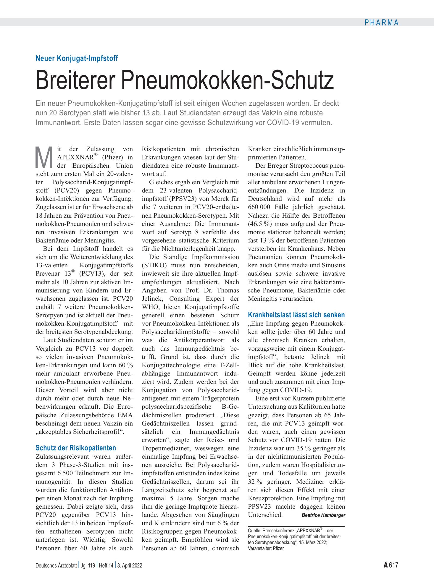 Vorschauseite 1: Neuer Konjugat-Impfstoff: Breiterer Pneumokokken-Schutz – Deutsches Ärzteblatt