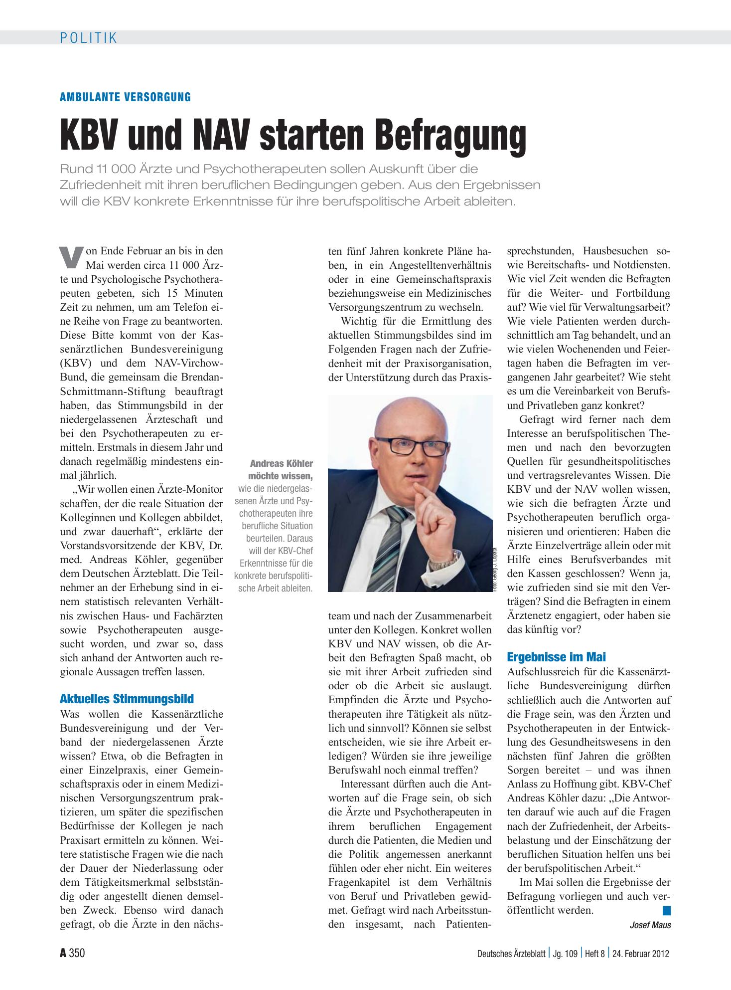 Vorschauseite 1: Ambulante Versorgung: KBV und NAV starten Befragung – Deutsches Ärzteblatt