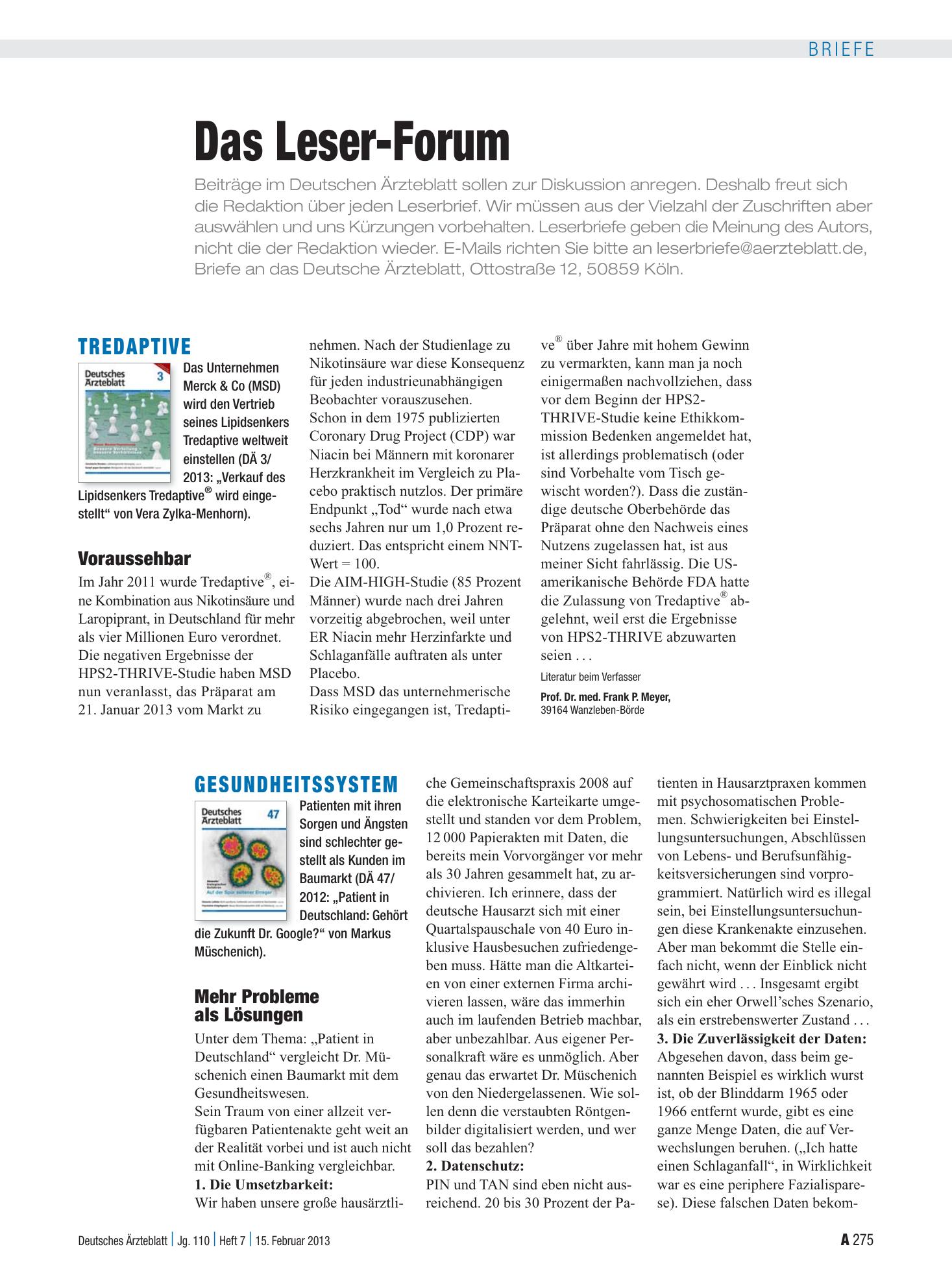 Vorschauseite 1: Tredaptive: Voraussehbar – Deutsches Ärzteblatt