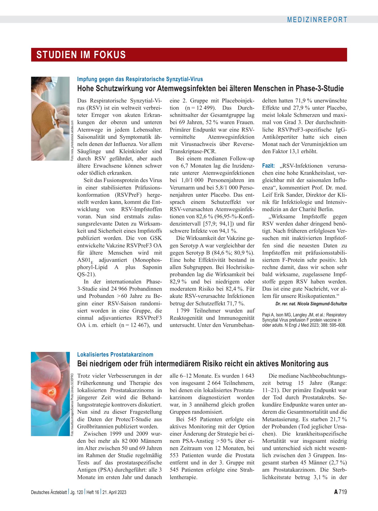 Vorschauseite 1: Lokalisiertes Prostatakarzinom: Bei niedrigem oder früh intermediärem Risiko reicht ein aktives Monitoring aus – Deutsches Ärzteblatt
