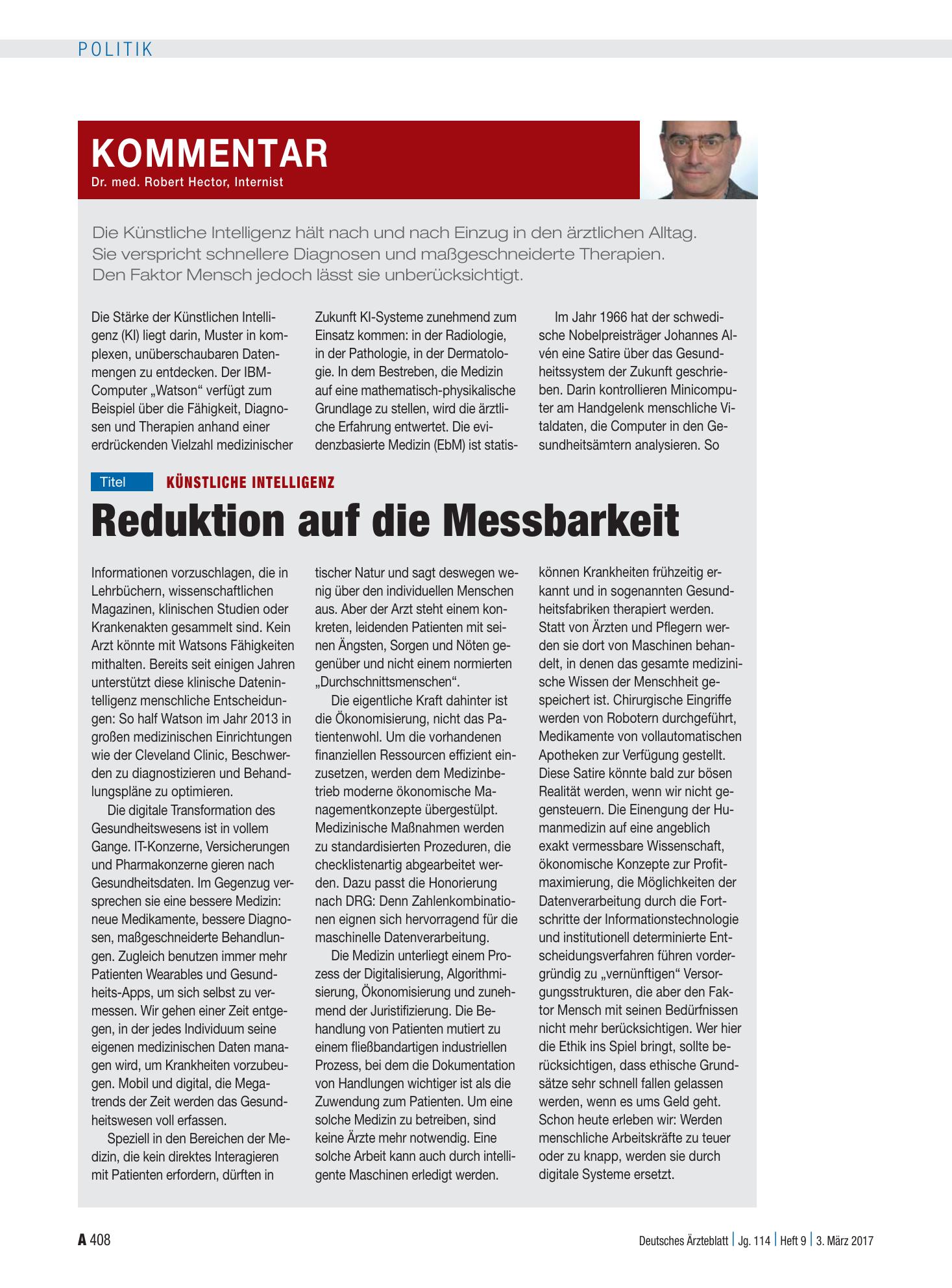 Vorschauseite 1: Künstliche Intelligenz: Reduktion auf die Messbarkeit – Deutsches Ärzteblatt